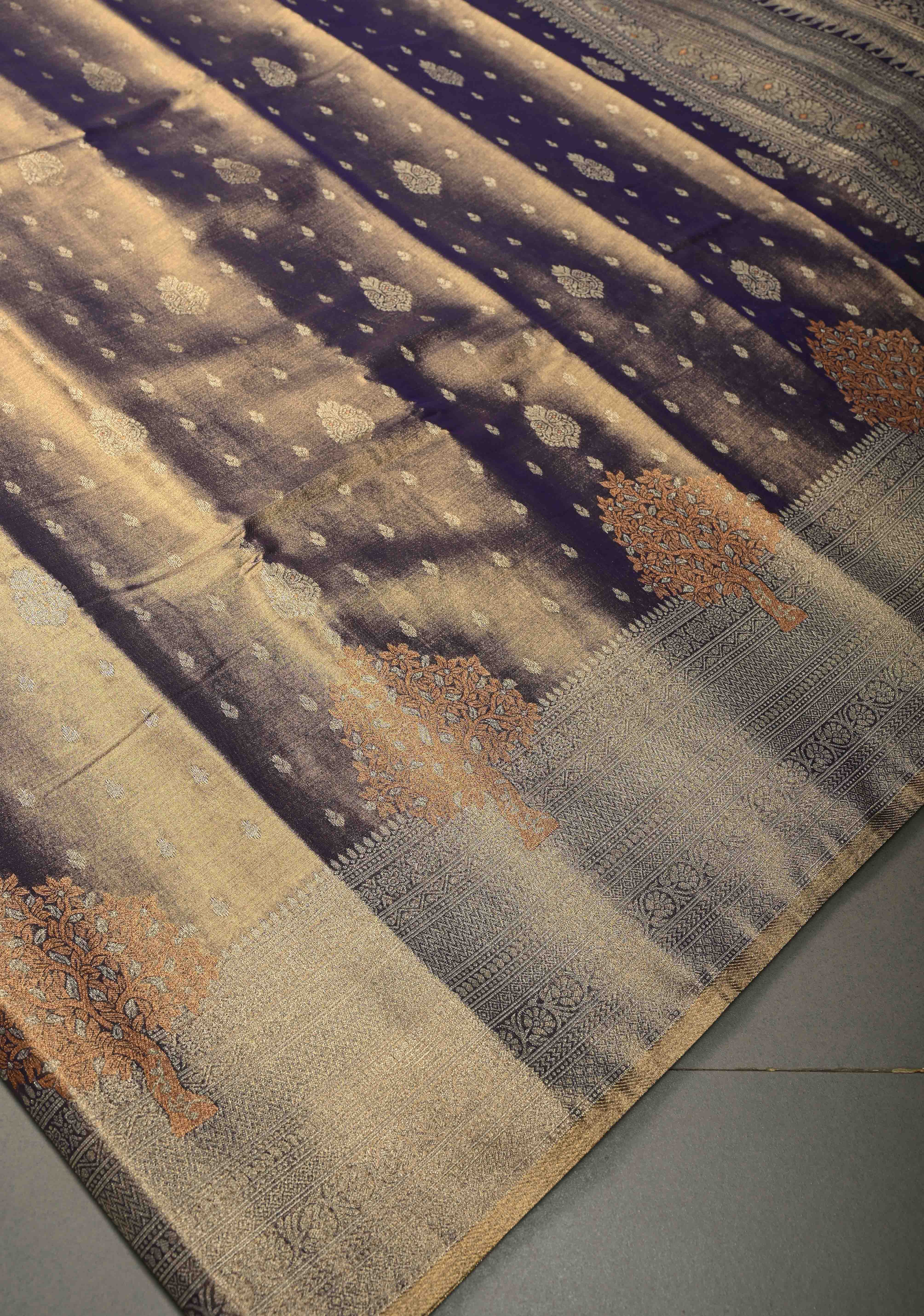 Amethyst -Gold Kanchi Tissue Semi Silk Saree with Floral Buttis and Distinct Tree Motifs on Zari Border | Shobitam