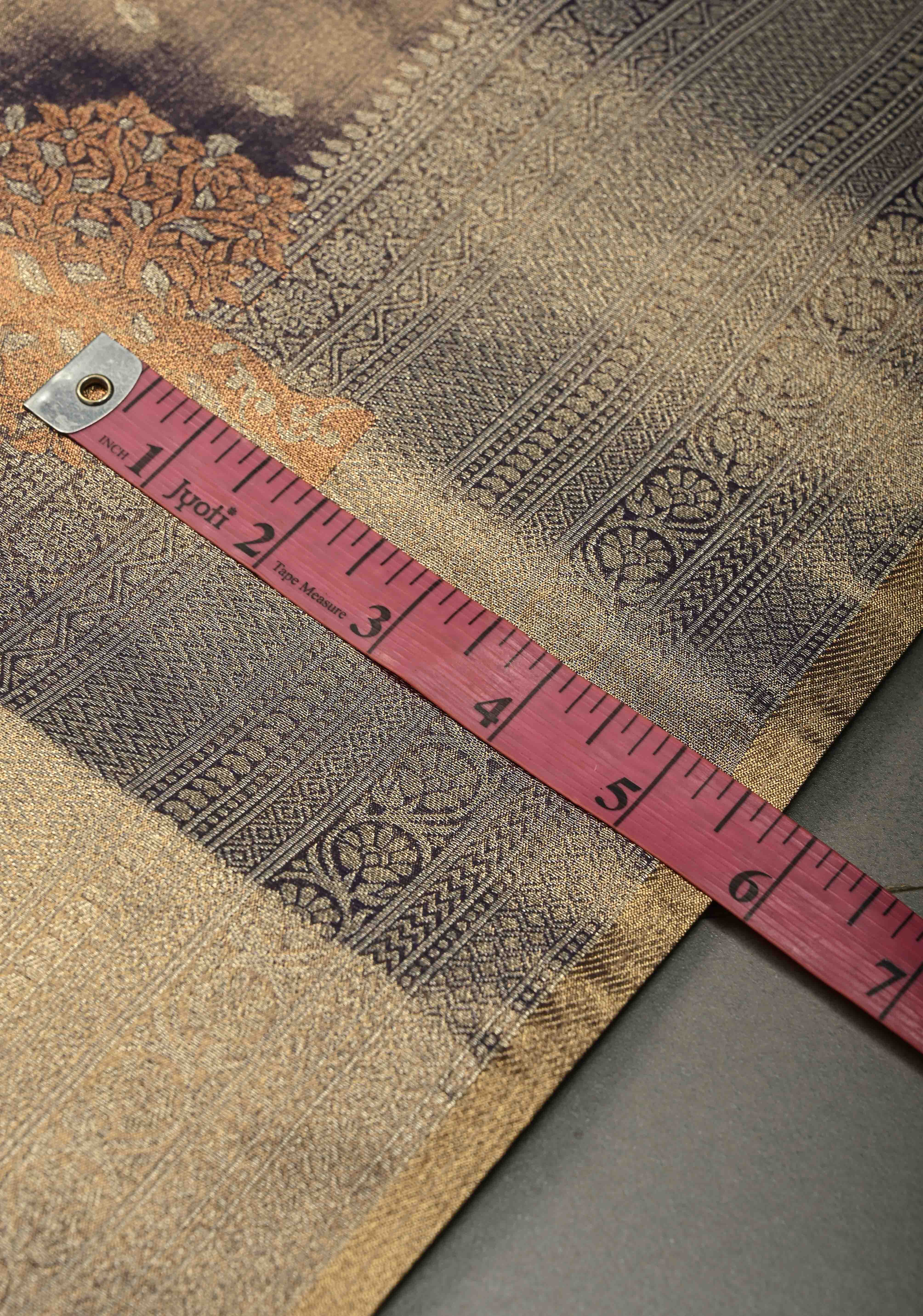 Amethyst -Gold Kanchi Tissue Semi Silk Saree with Floral Buttis and Distinct Tree Motifs on Zari Border | Shobitam