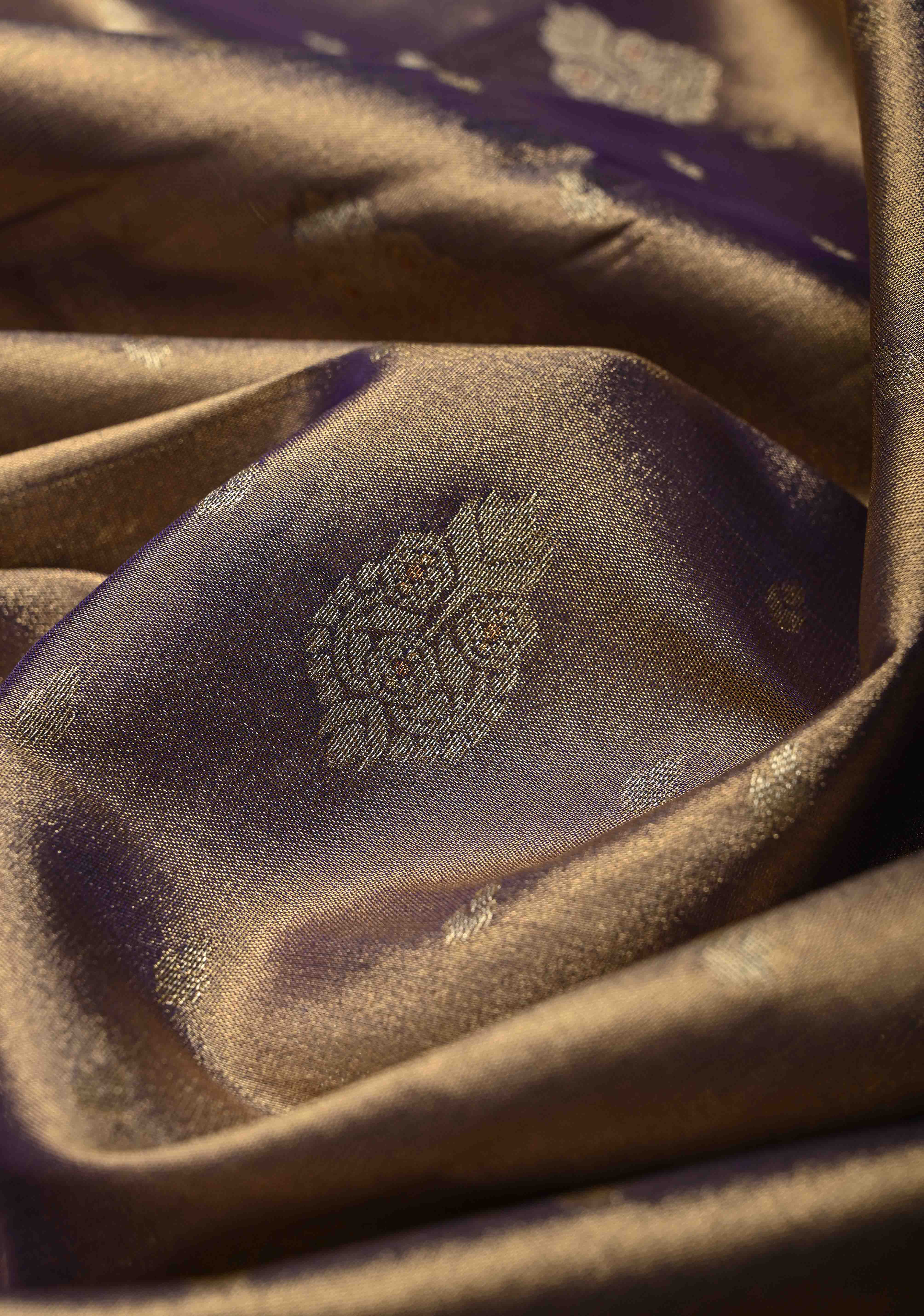 Amethyst -Gold Kanchi Tissue Semi Silk Saree with Floral Buttis and Distinct Tree Motifs on Zari Border | Shobitam