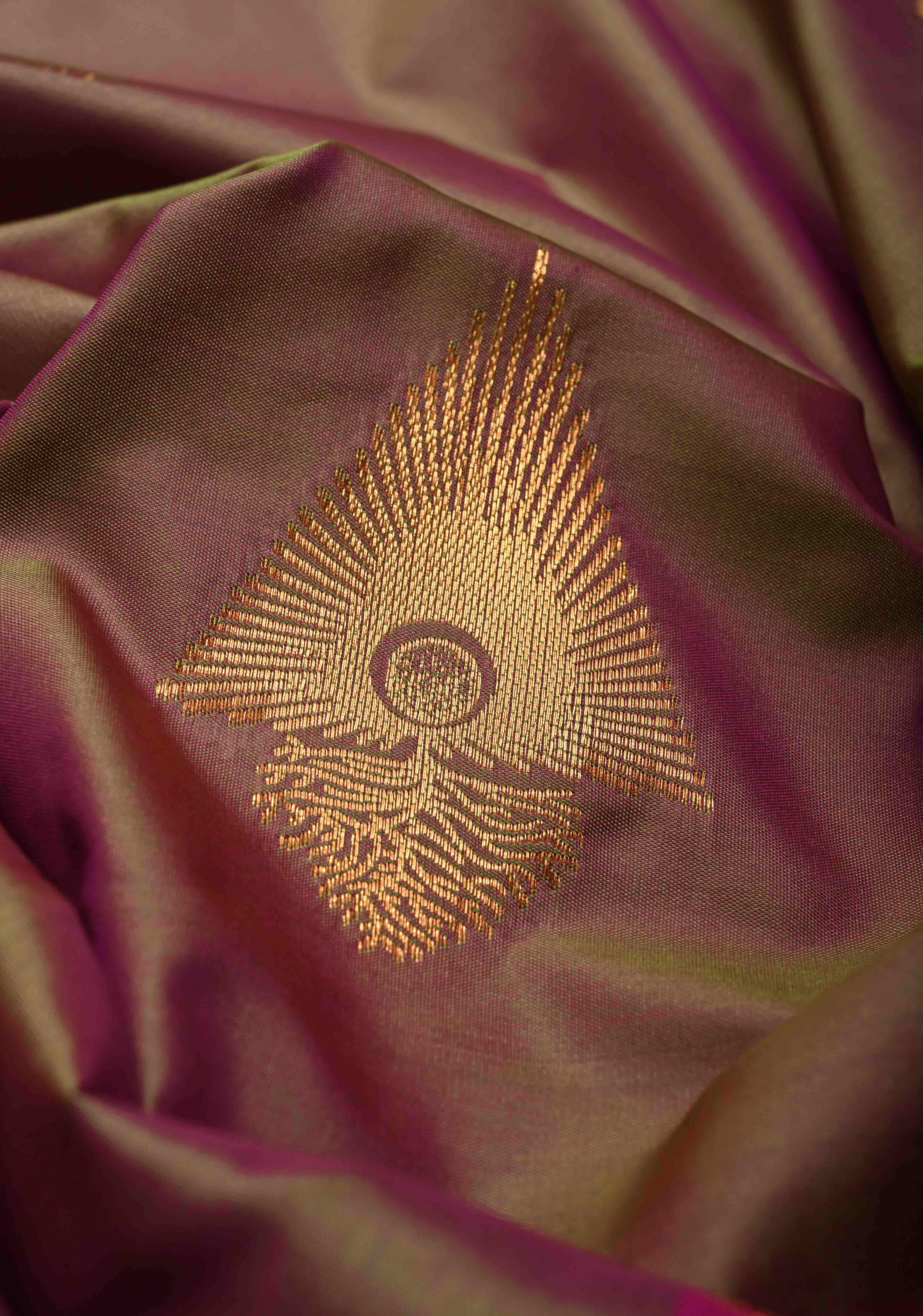 Green-Pink Dual tone Kanchi Semi Silk Saree with Zari Buttas and Contrast Zari Border | SHOBITAM