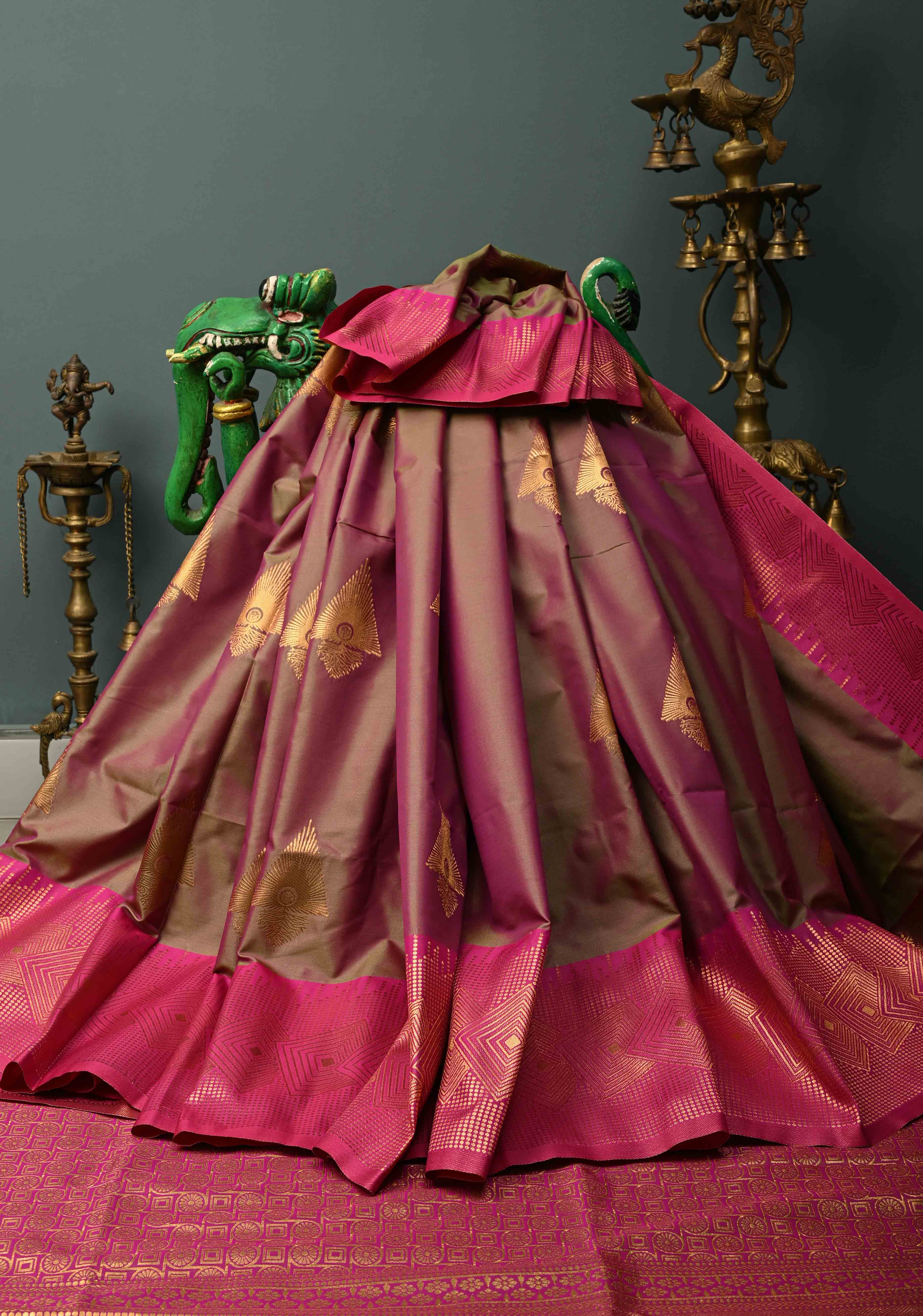 Green-Pink Dual tone Kanchi Semi Silk Saree with Zari Buttas and Contrast Zari Border | SHOBITAM