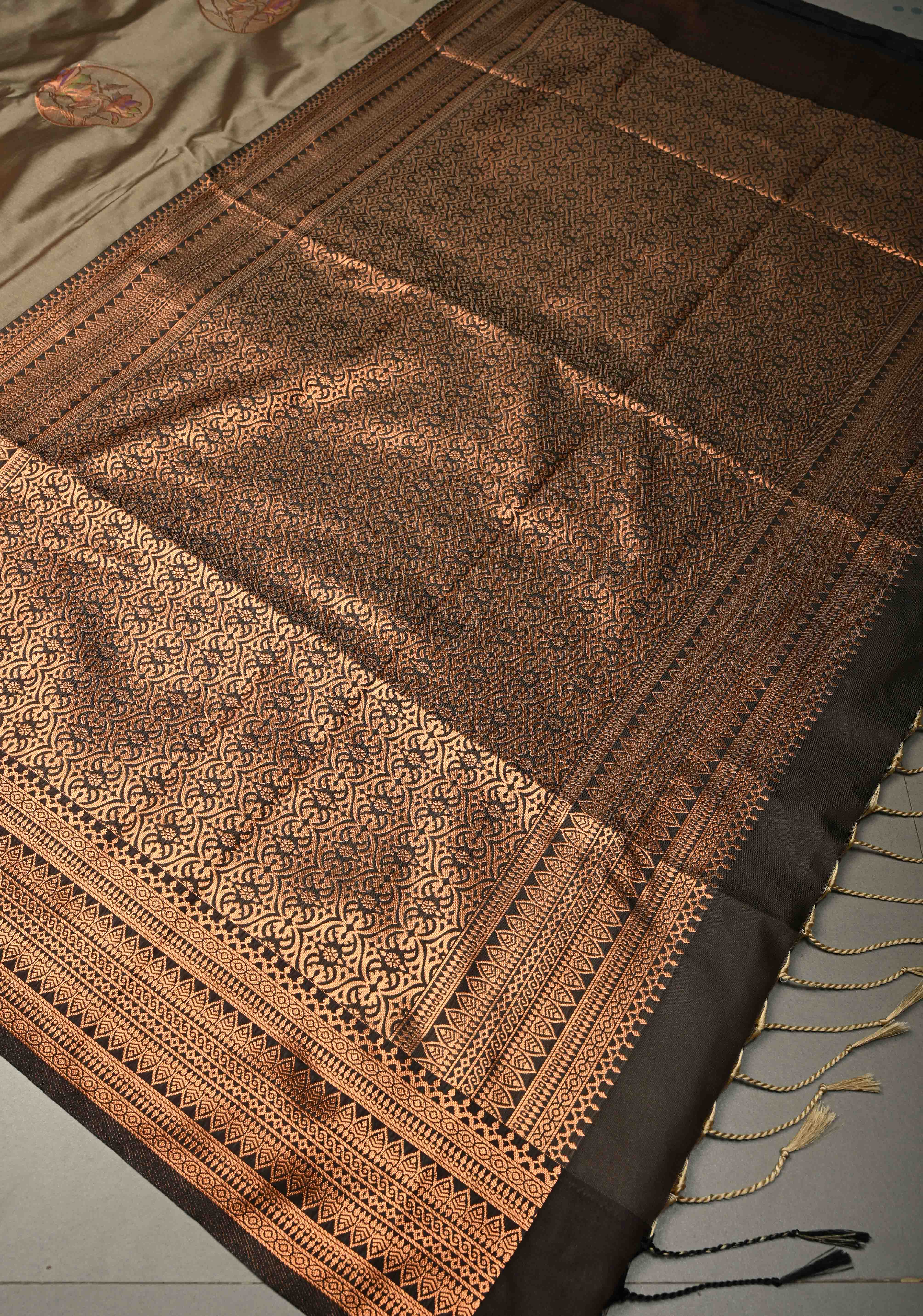 Dark Grayish Brown Kanchi Semi Silk Saree with Meenakari  Mandala Buttas and Contrast Antique Zari Border | Shobitam