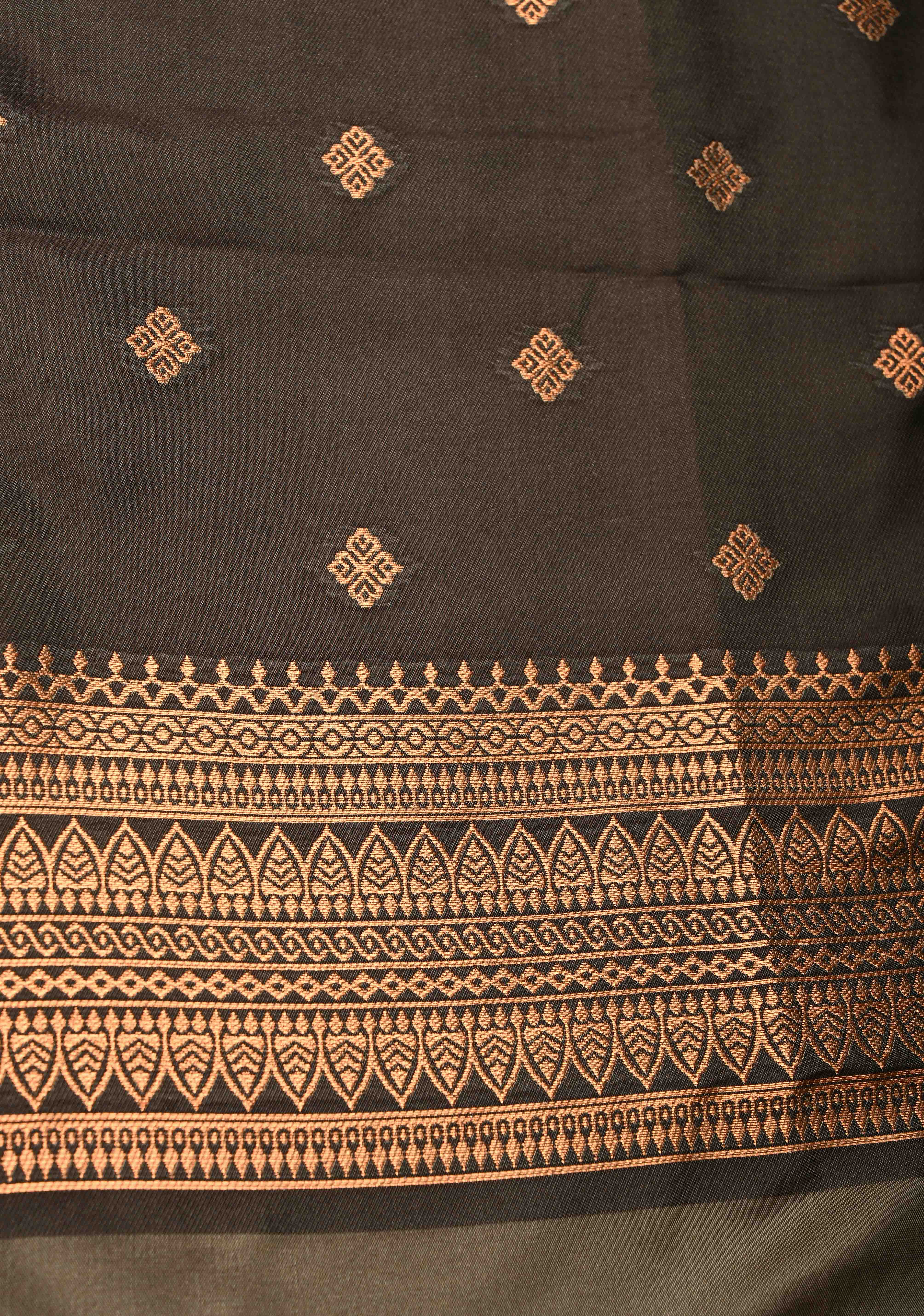 Dark Grayish Brown Kanchi Semi Silk Saree with Meenakari  Mandala Buttas and Contrast Antique Zari Border | Shobitam