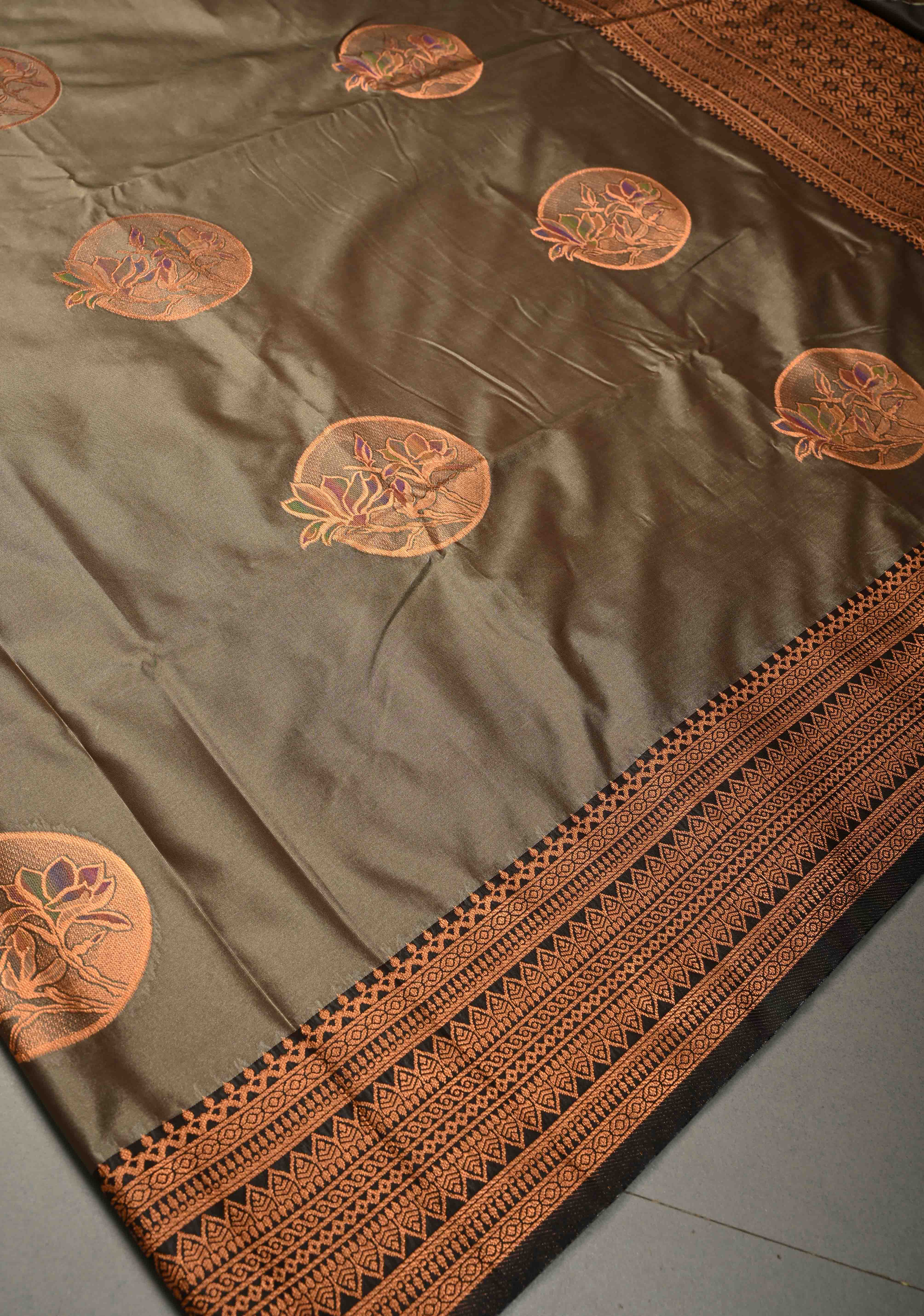 Dark Grayish Brown Kanchi Semi Silk Saree with Meenakari  Mandala Buttas and Contrast Antique Zari Border | Shobitam