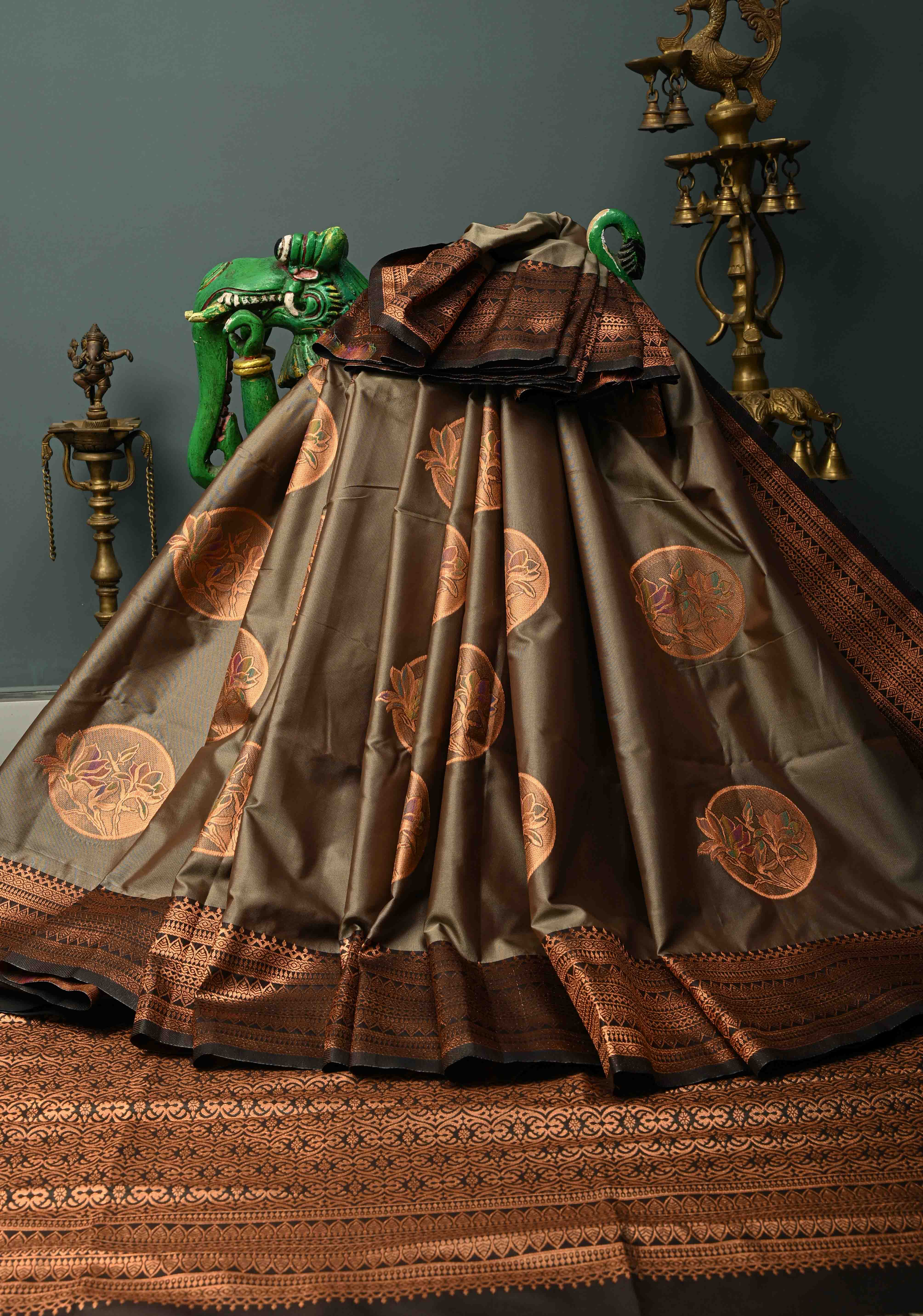 Dark Grayish Brown Kanchi Semi Silk Saree with Meenakari  Mandala Buttas and Contrast Antique Zari Border | Shobitam