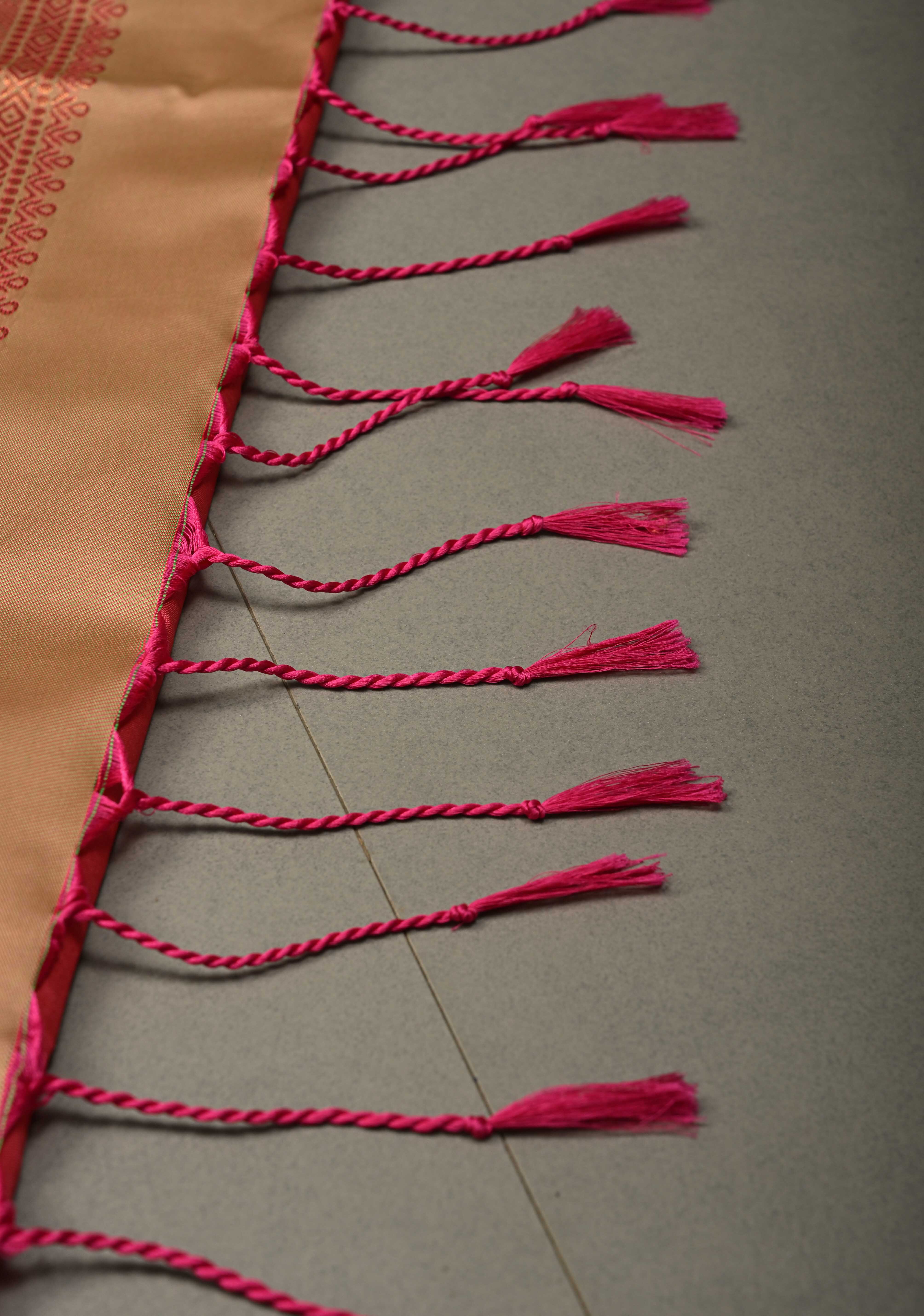 French Rose Kanchi Semi Silk Saree with Zari Buttas and Contrast Zari Border | Shobitam