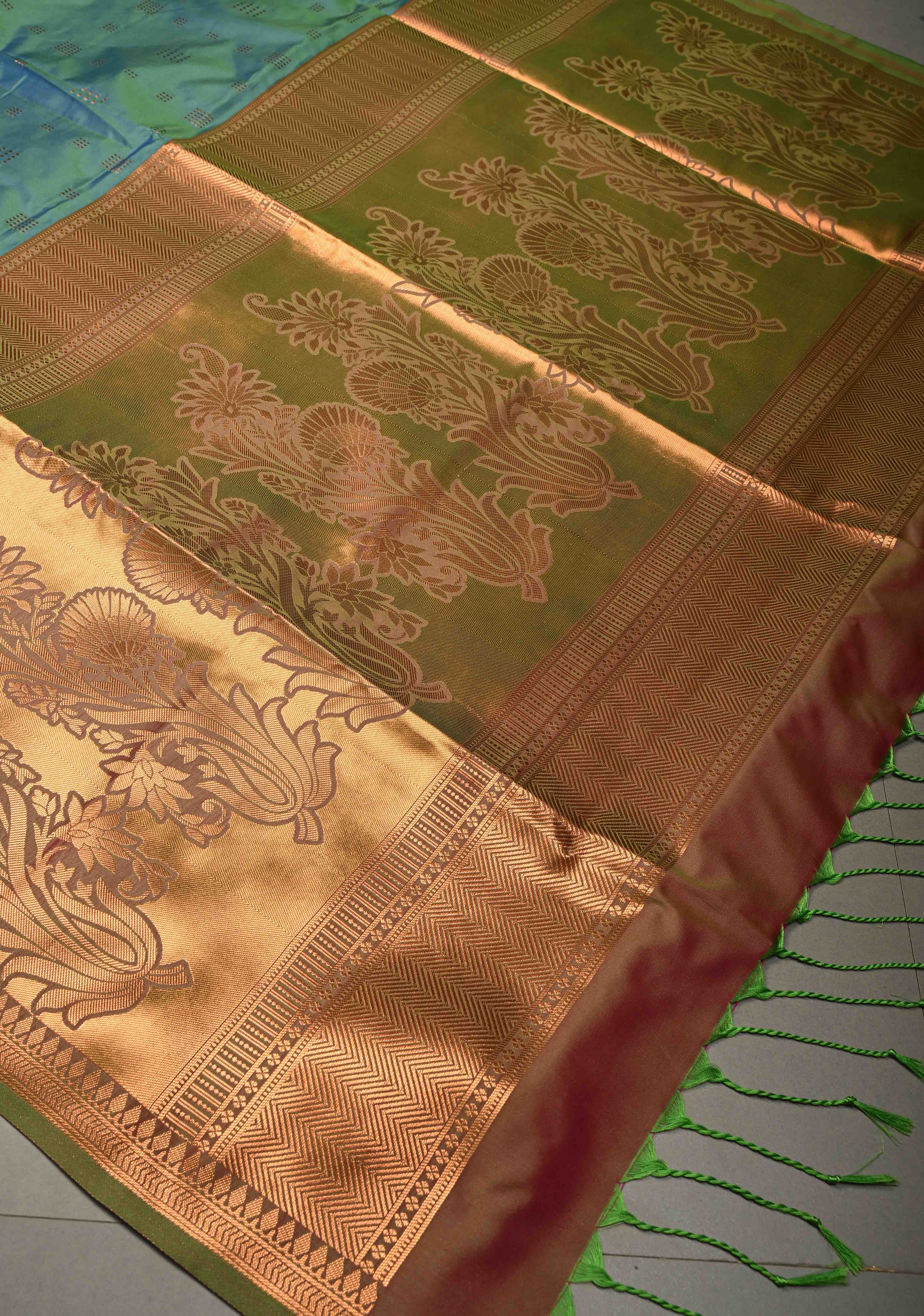 Peacock Green-Blue Dual tone Kanchi Semi Silk Saree with Zari Buttas and Mandala Motifs on Zari Border | Shobitam