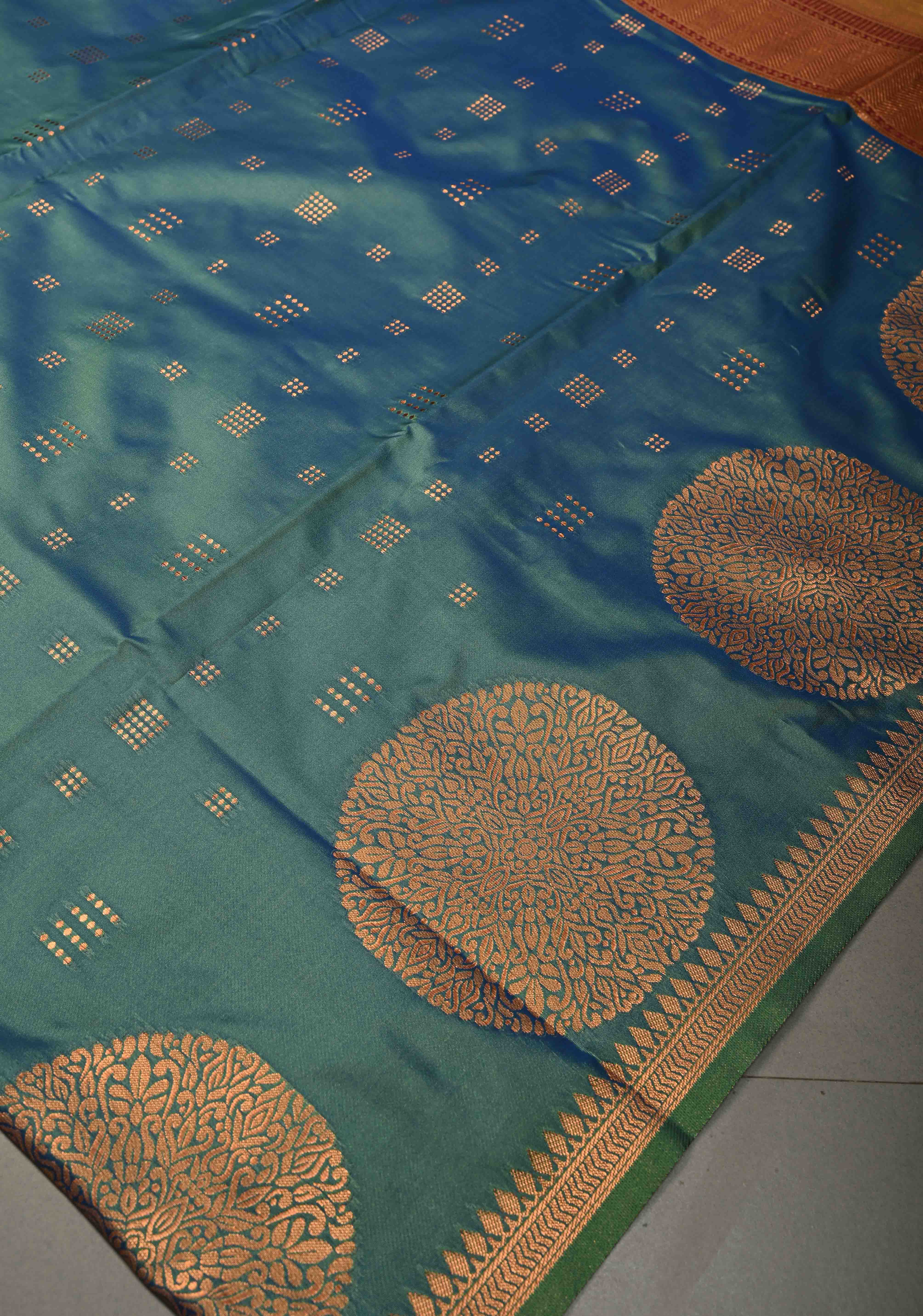 Peacock Green-Blue Dual tone Kanchi Semi Silk Saree with Zari Buttas and Mandala Motifs on Zari Border | Shobitam