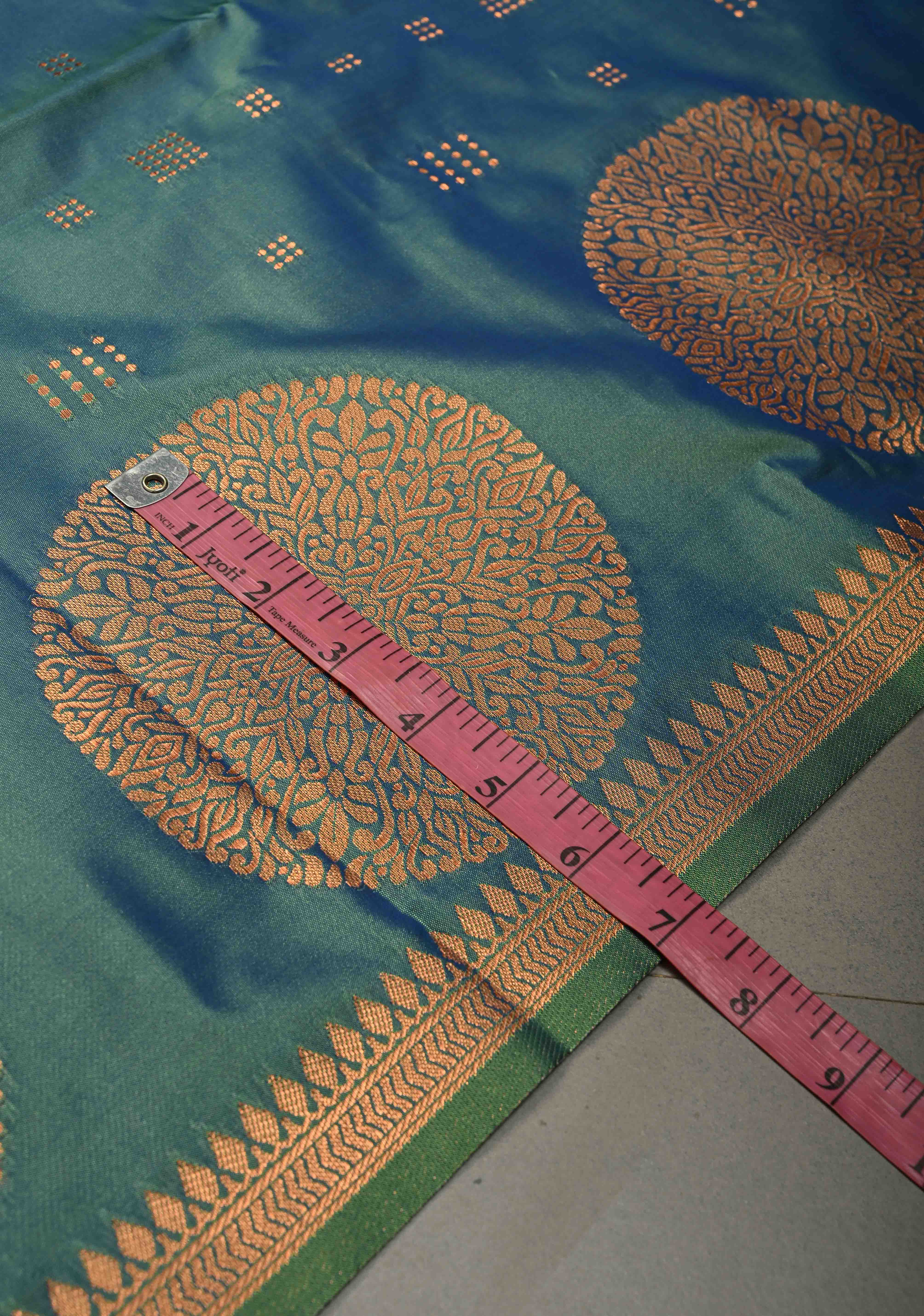 Peacock Green-Blue Dual tone Kanchi Semi Silk Saree with Zari Buttas and Mandala Motifs on Zari Border | Shobitam