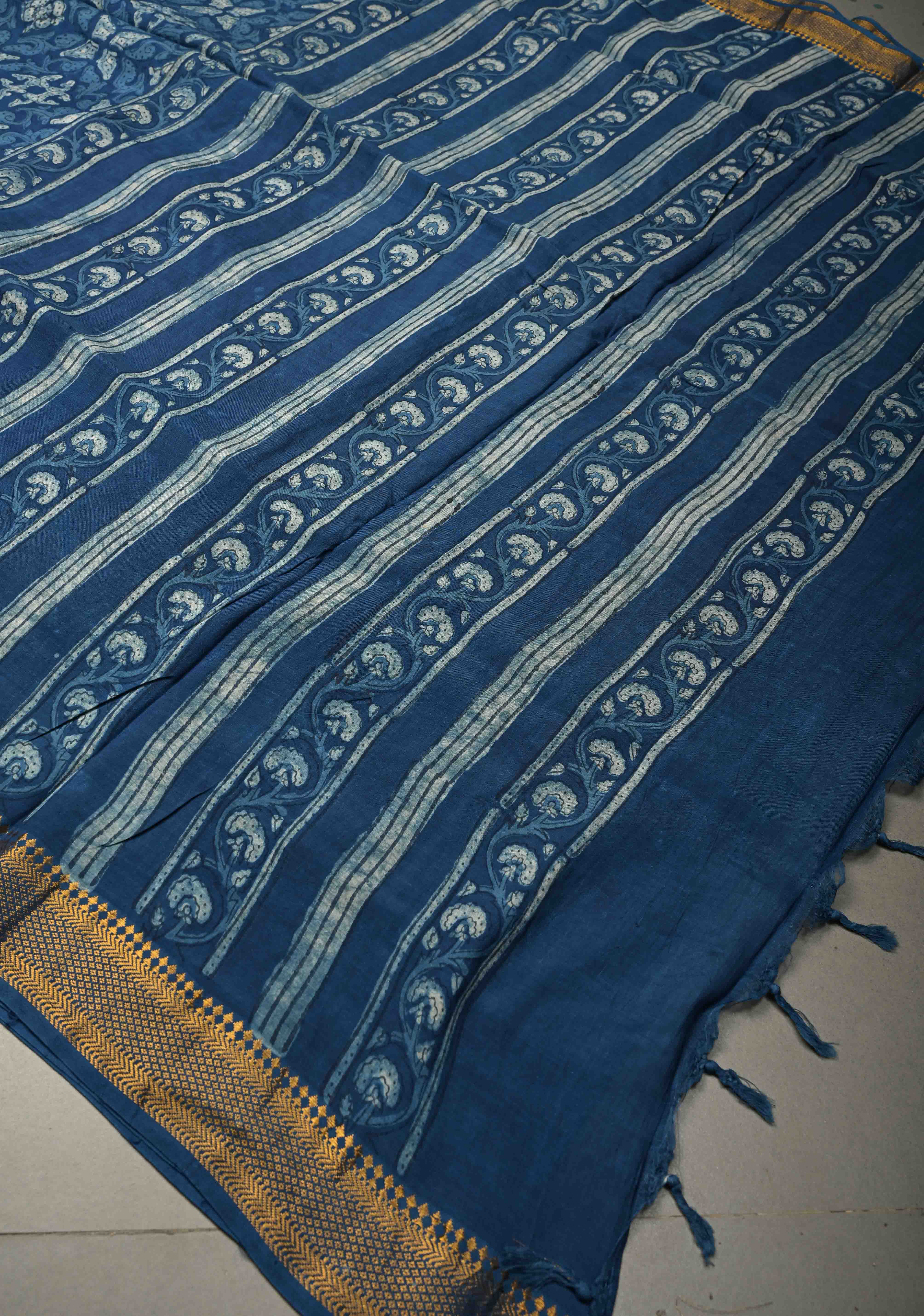 Indigo Mangalagiri  Cotton Saree with Geometric Bagru Hand Block Print and Nizam Zari Border | Shobitam