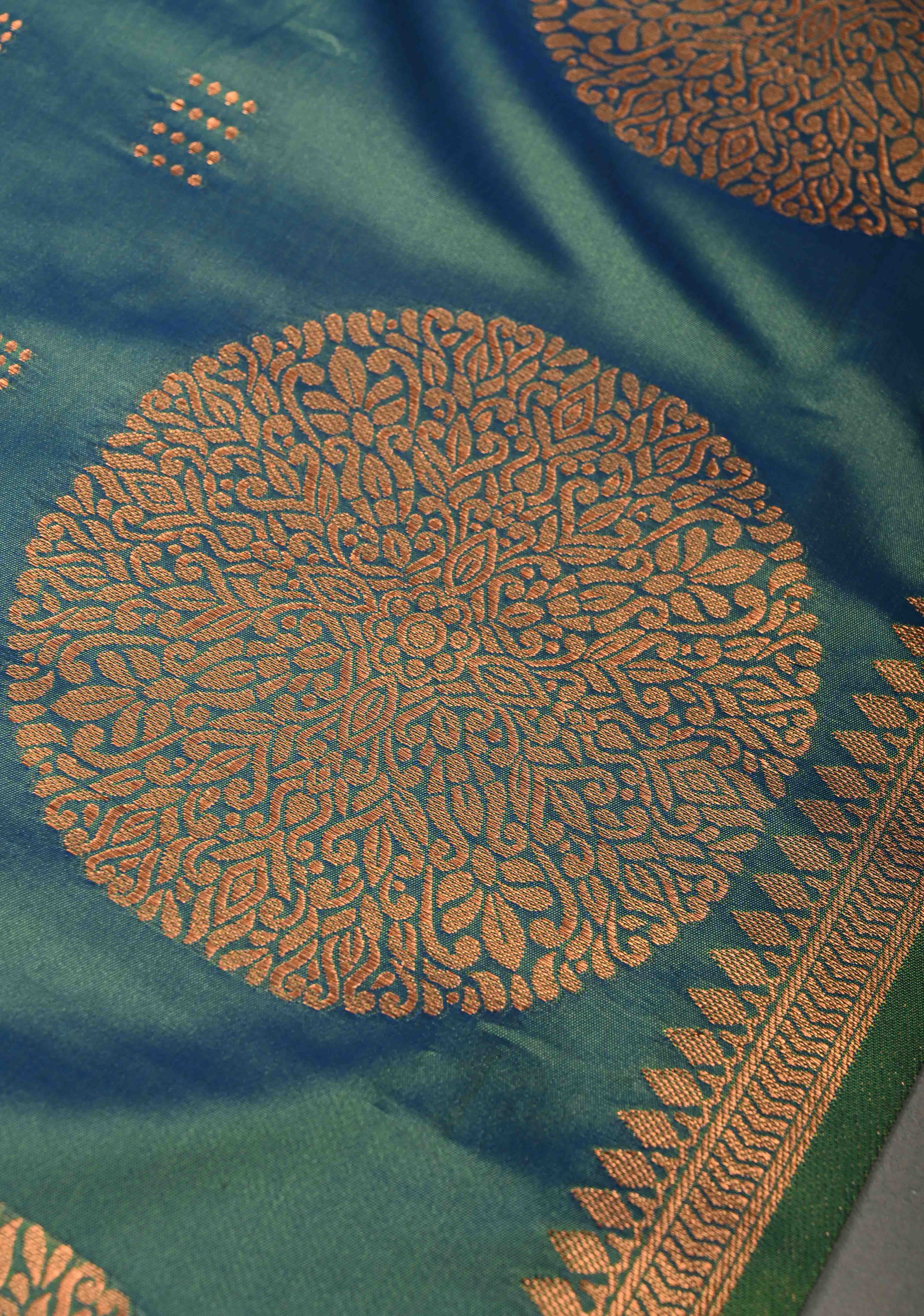 Peacock Green-Blue Dual tone Kanchi Semi Silk Saree with Zari Buttas and Mandala Motifs on Zari Border | Shobitam