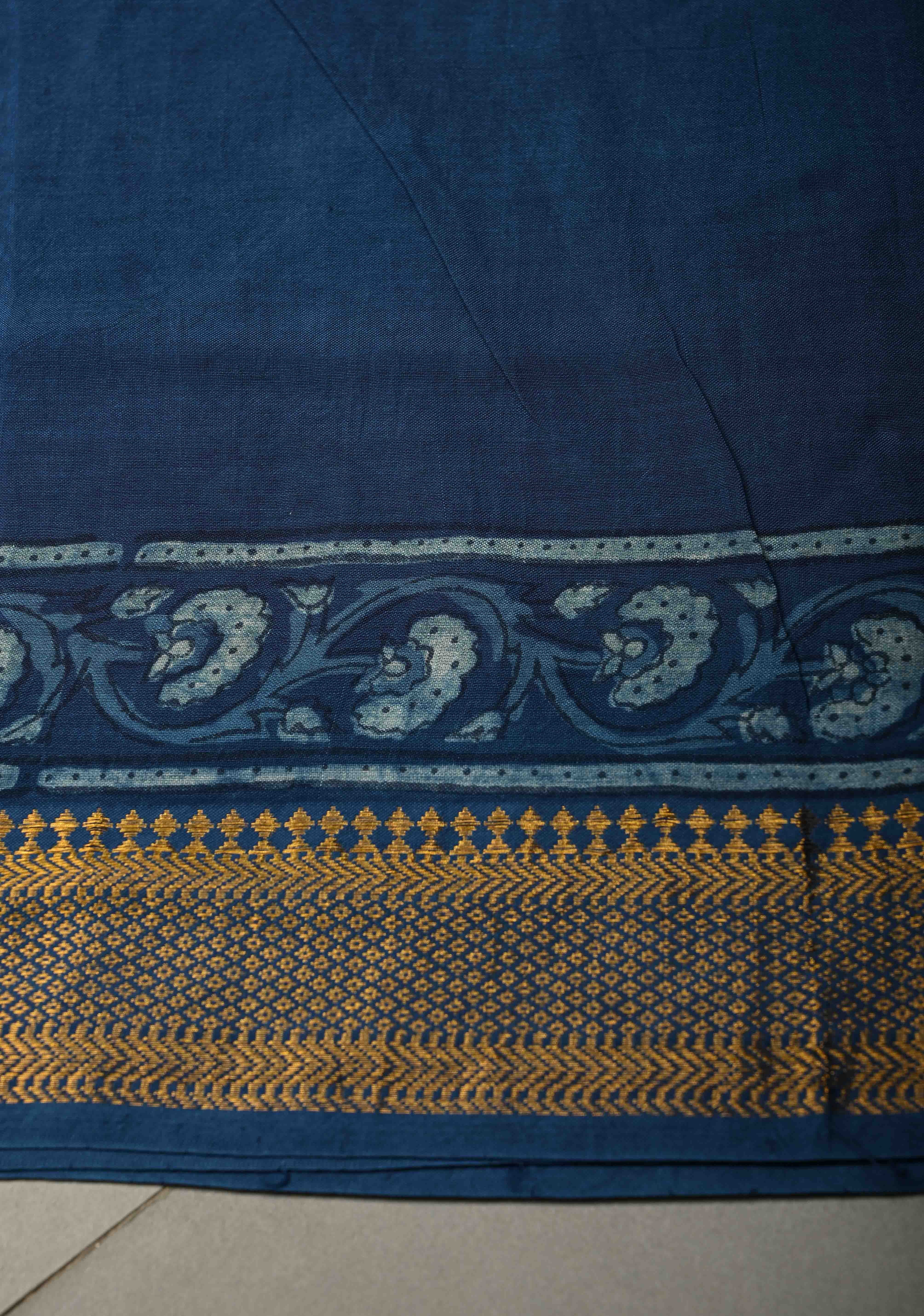 Indigo Mangalagiri  Cotton Saree with Geometric Bagru Hand Block Print and Nizam Zari Border | Shobitam