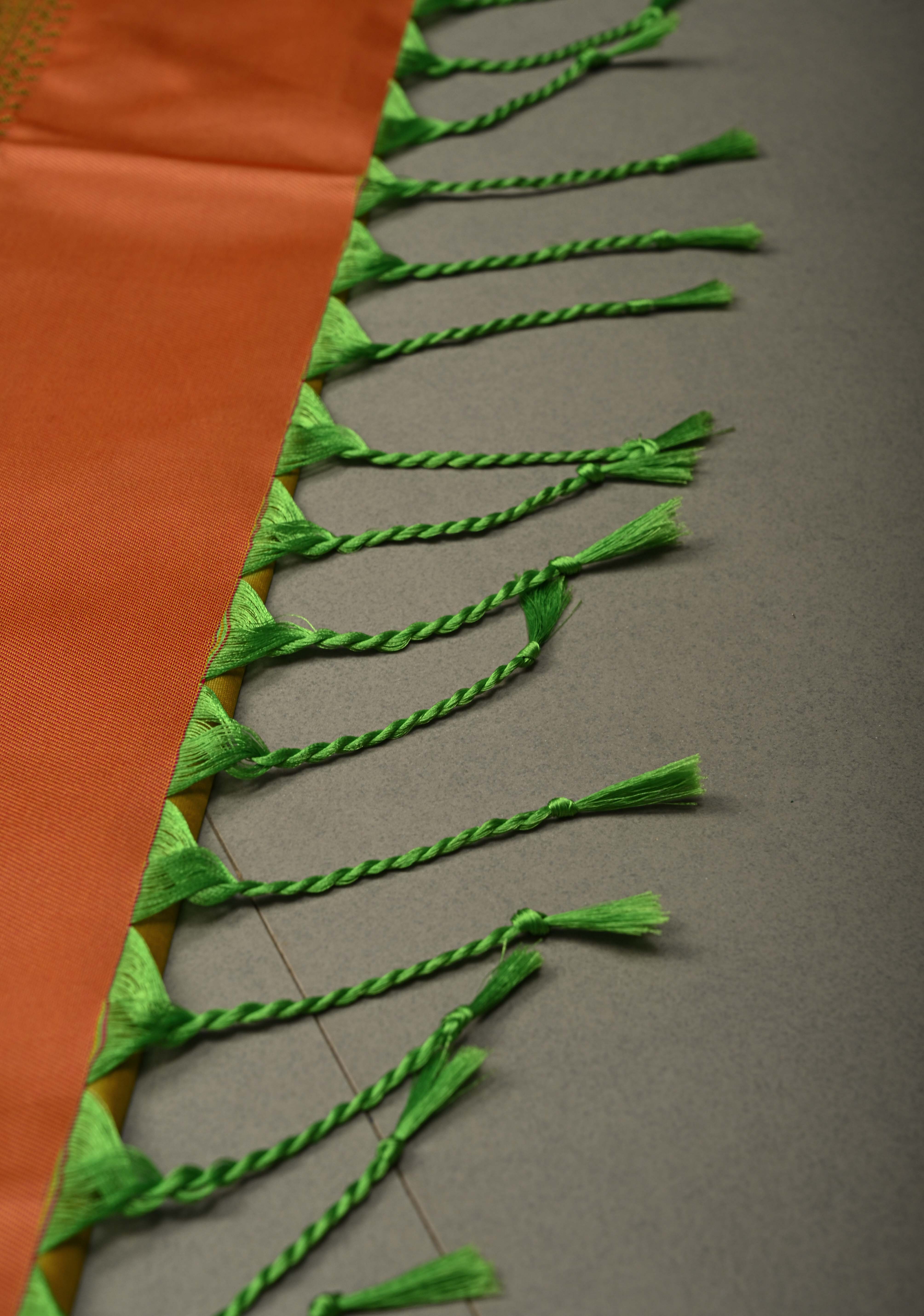 Lime Green Dual tone Kanchi Semi Silk Saree with Meenakari Mandala Buttas and Contrast Zari Border | Shobitam