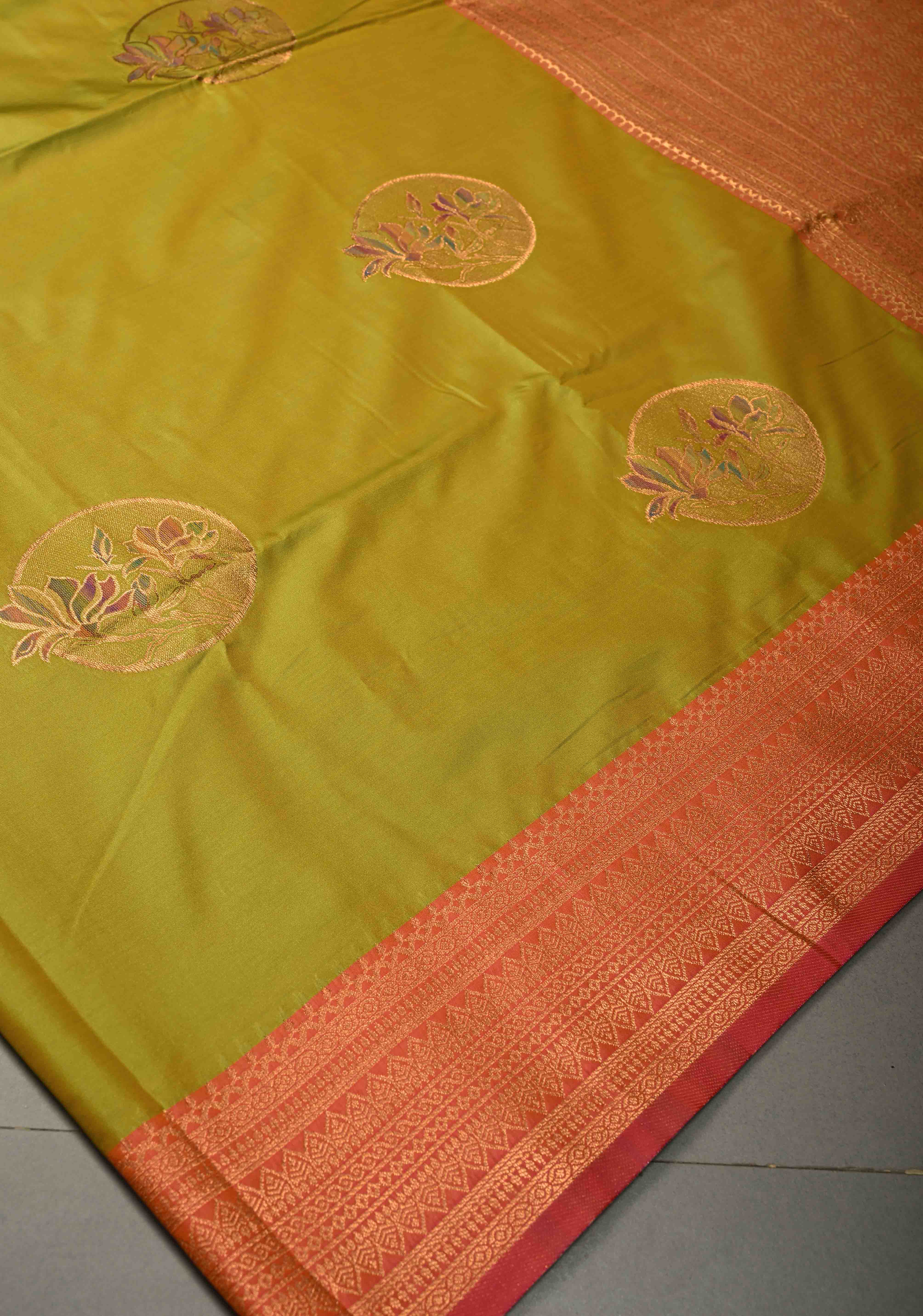 Lime Green Dual tone Kanchi Semi Silk Saree with Meenakari Mandala Buttas and Contrast Zari Border | Shobitam