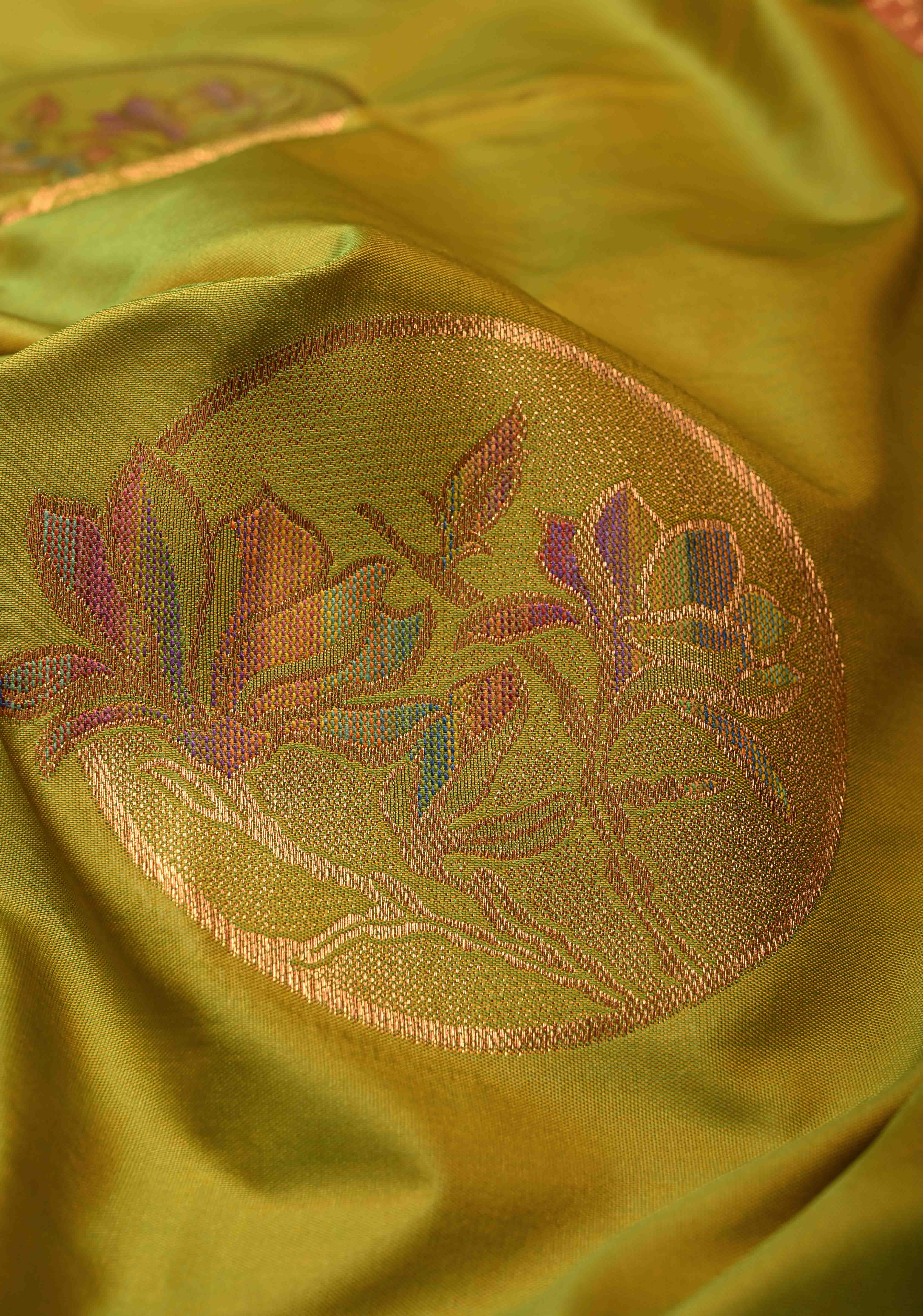 Lime Green Dual tone Kanchi Semi Silk Saree with Meenakari Mandala Buttas and Contrast Zari Border | Shobitam