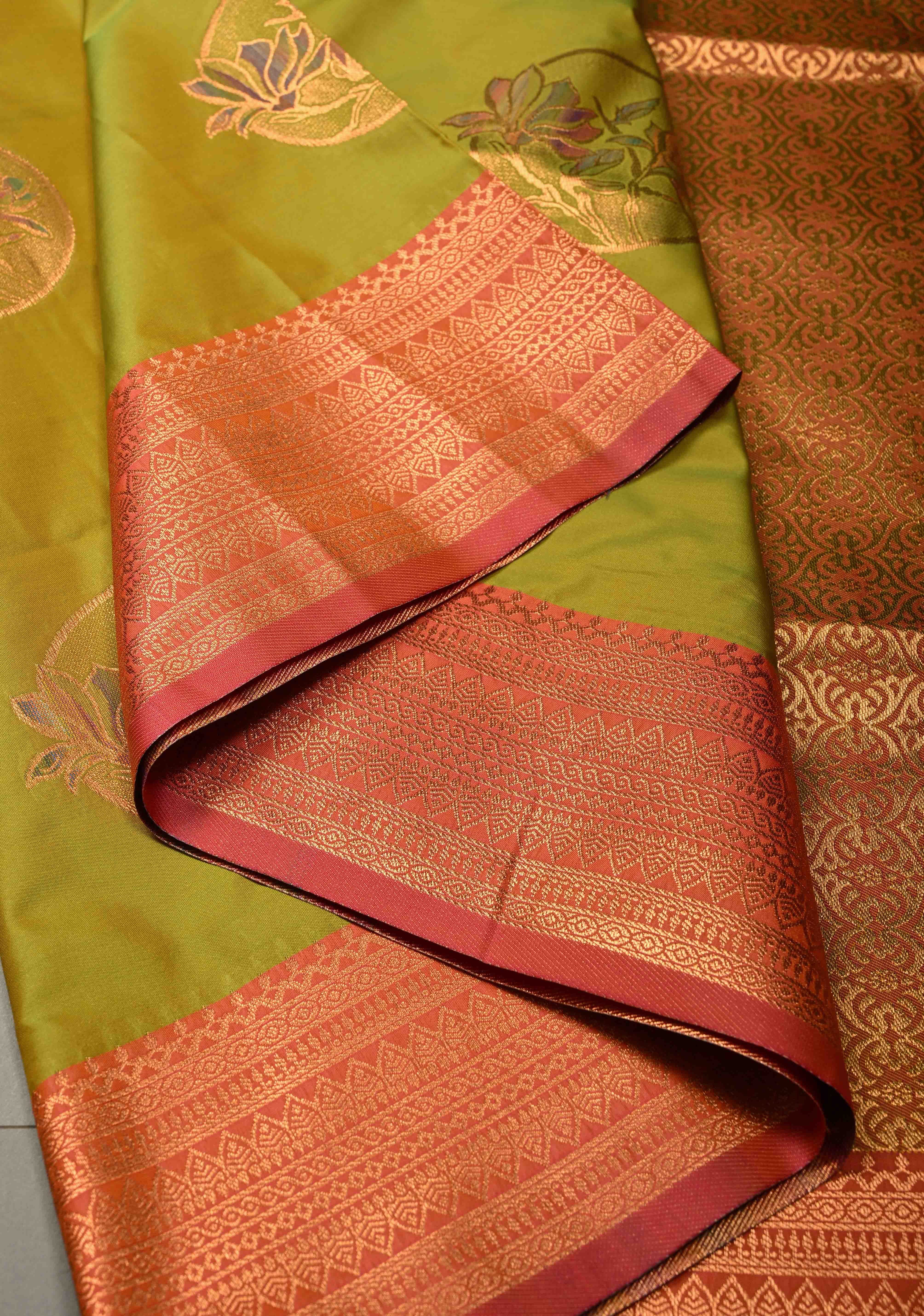 Lime Green Dual tone Kanchi Semi Silk Saree with Meenakari Mandala Buttas and Contrast Zari Border | Shobitam