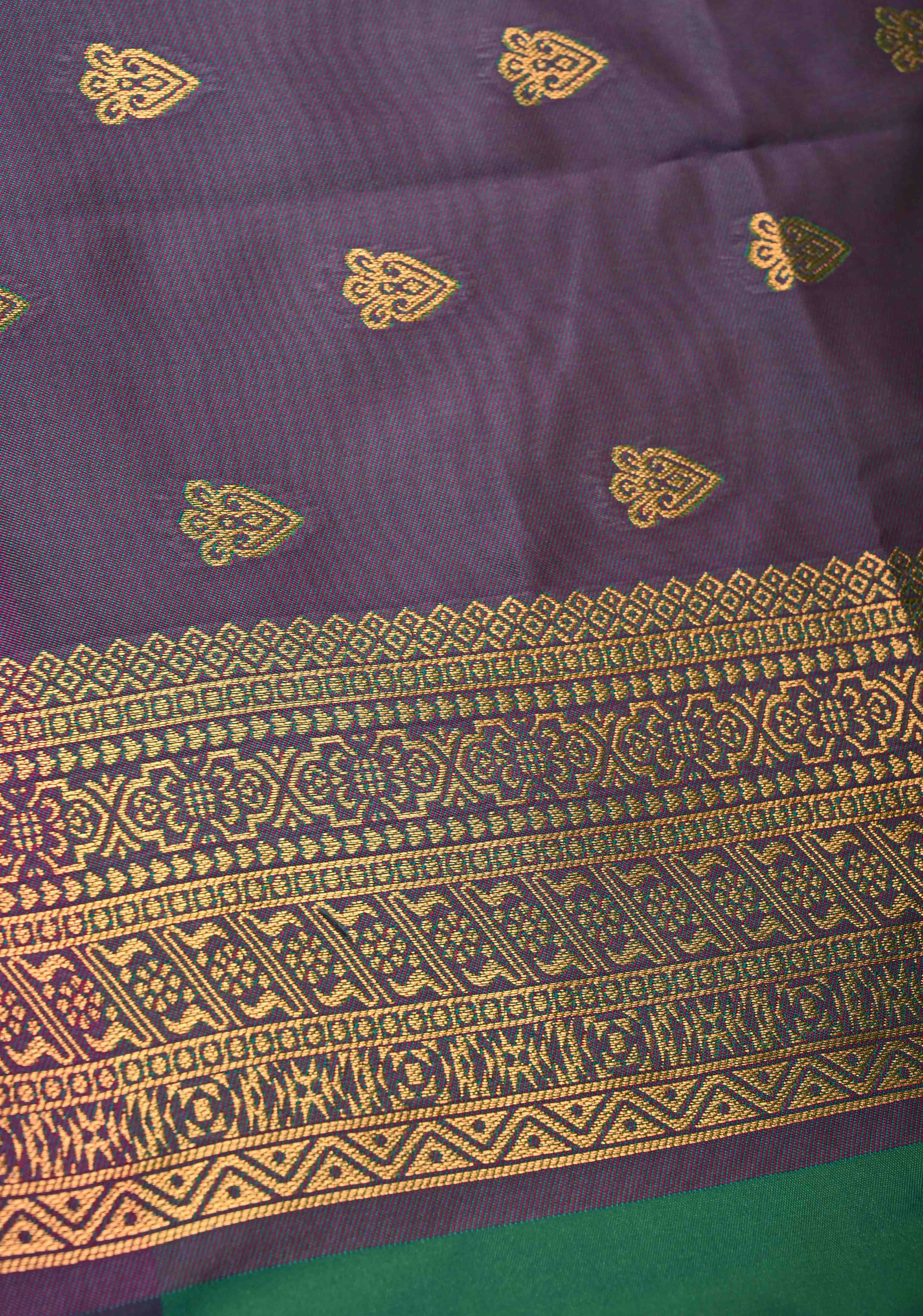 Green Kanchi Semi Silk Saree with Meenakari Mandala Buttas and Contrast Antique Zari Border | Shobitam