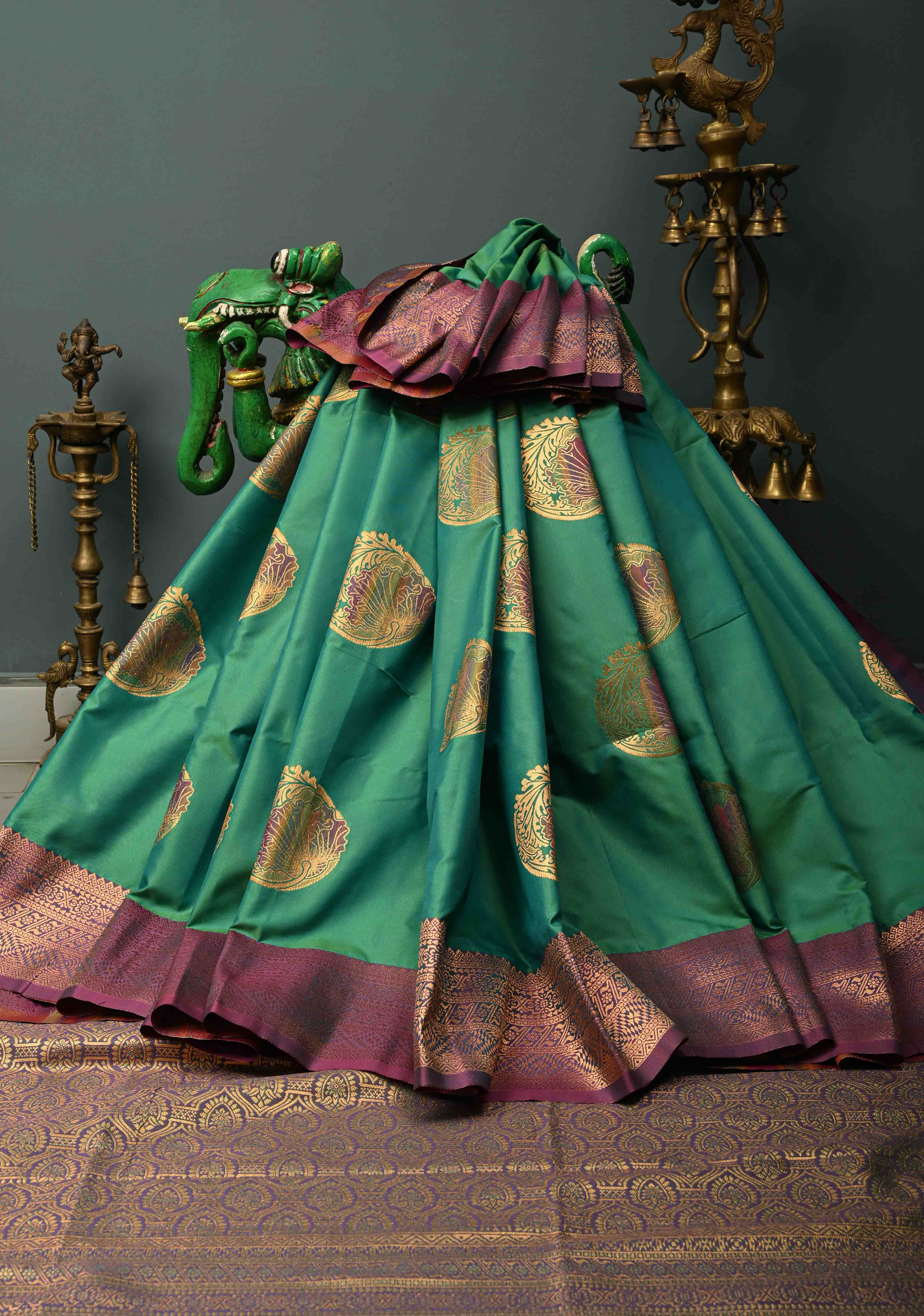 Green Kanchi Semi Silk Saree with Meenakari Mandala Buttas and Contrast Antique Zari Border | Shobitam