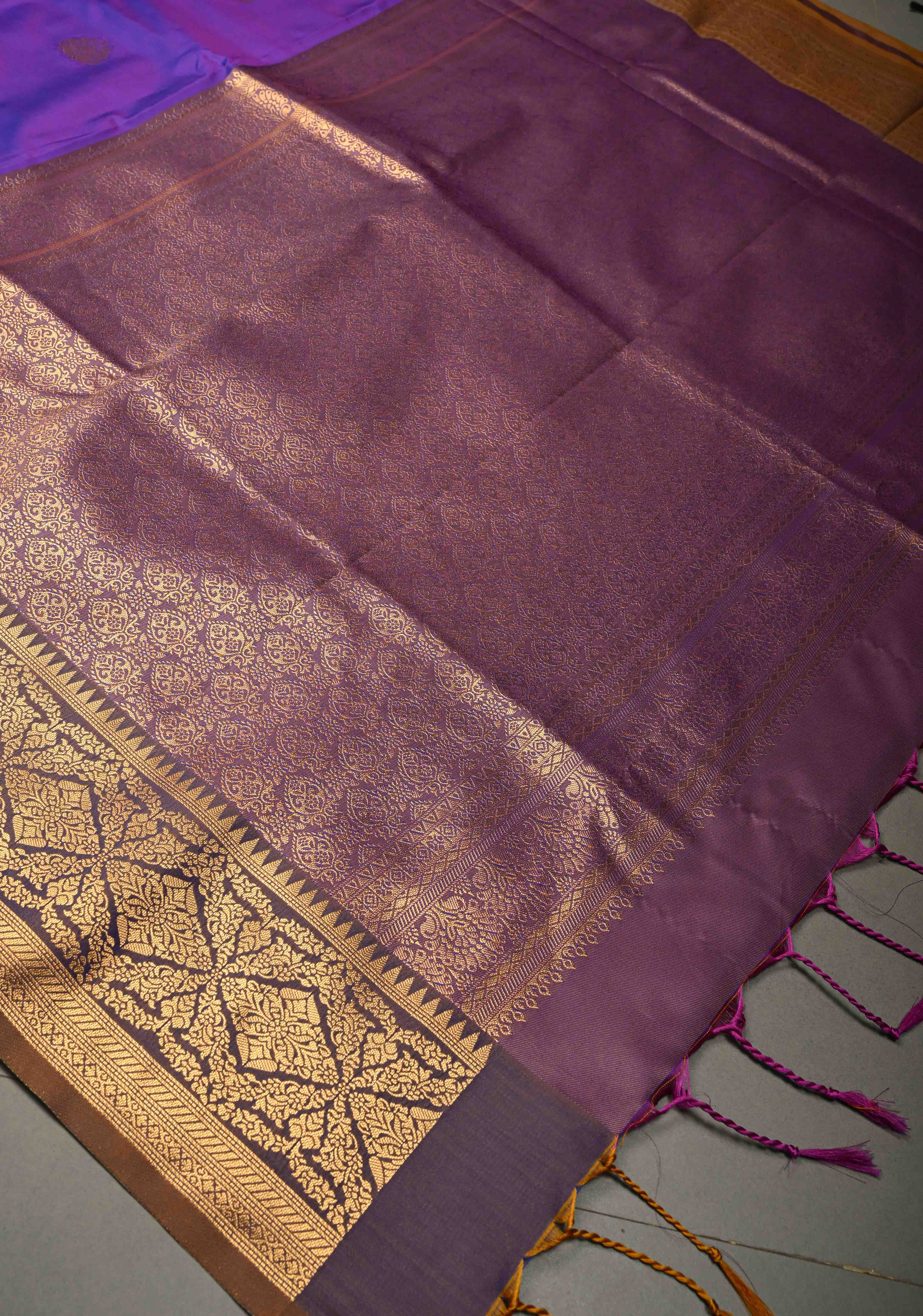Purple Dual tone Kanchi Semi Silk Saree with Zari Buttas and Contrast Zari Border | Shobitam