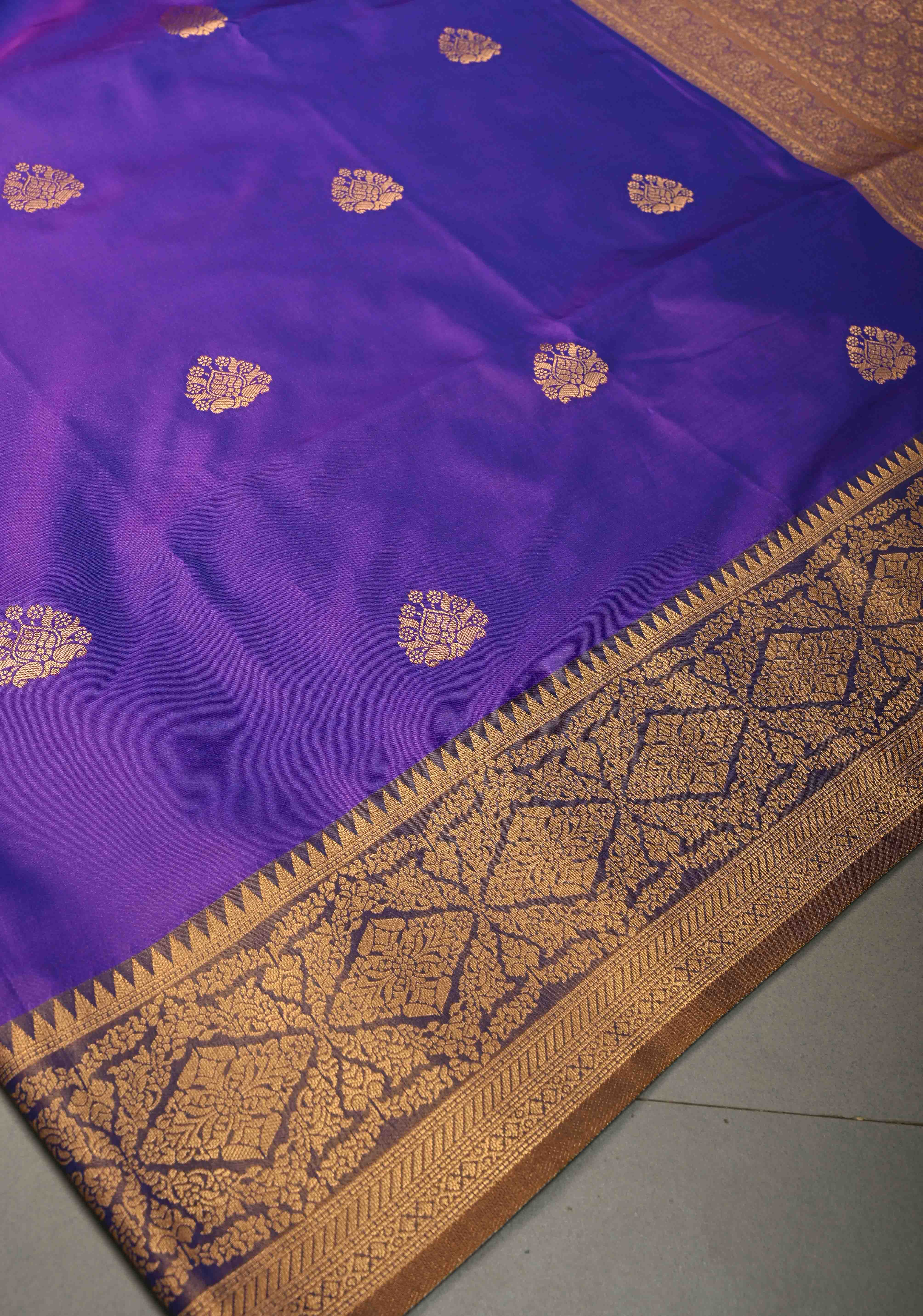 Purple Dual tone Kanchi Semi Silk Saree with Zari Buttas and Contrast Zari Border | Shobitam