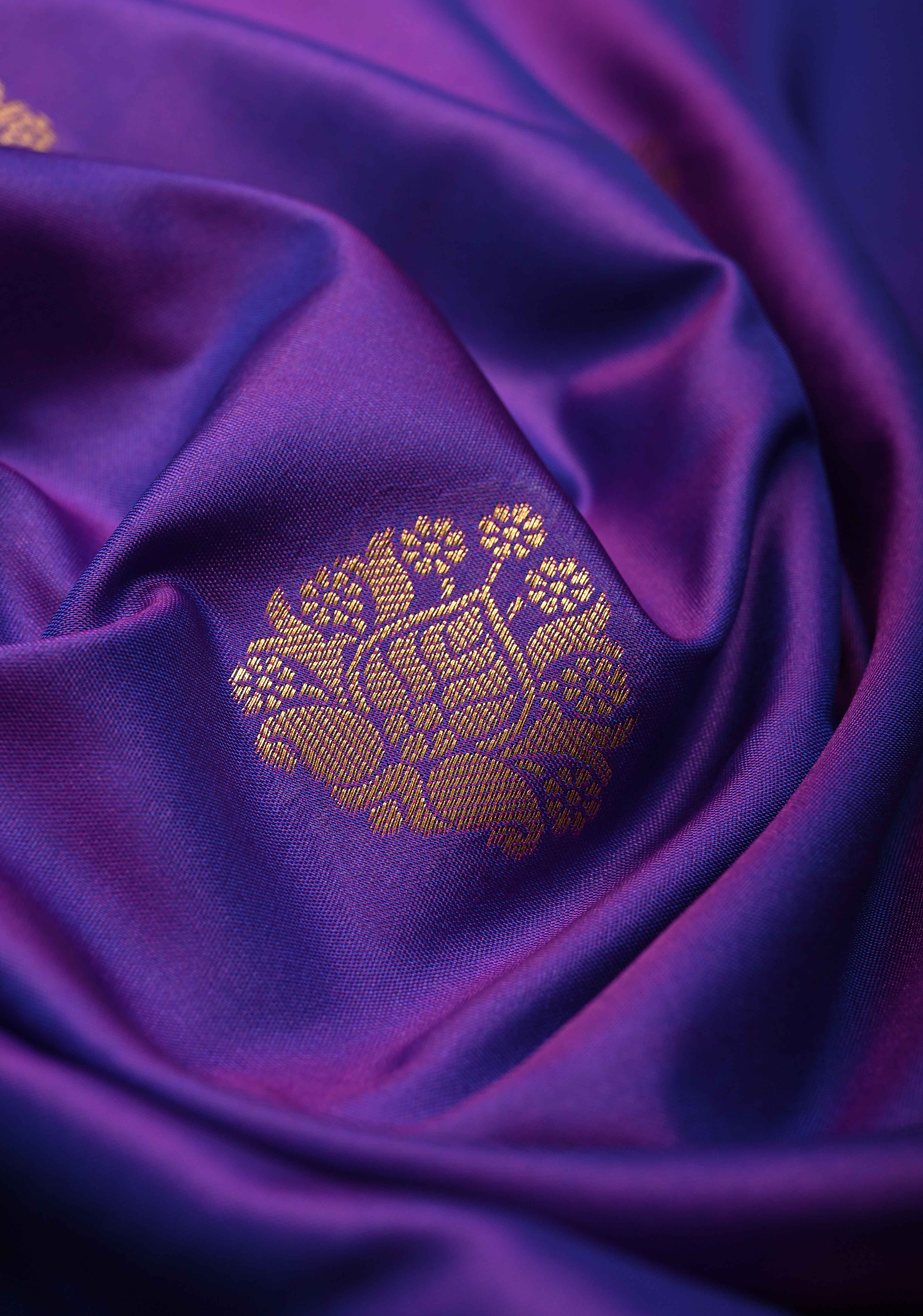 Purple Dual tone Kanchi Semi Silk Saree with Zari Buttas and Contrast Zari Border | Shobitam