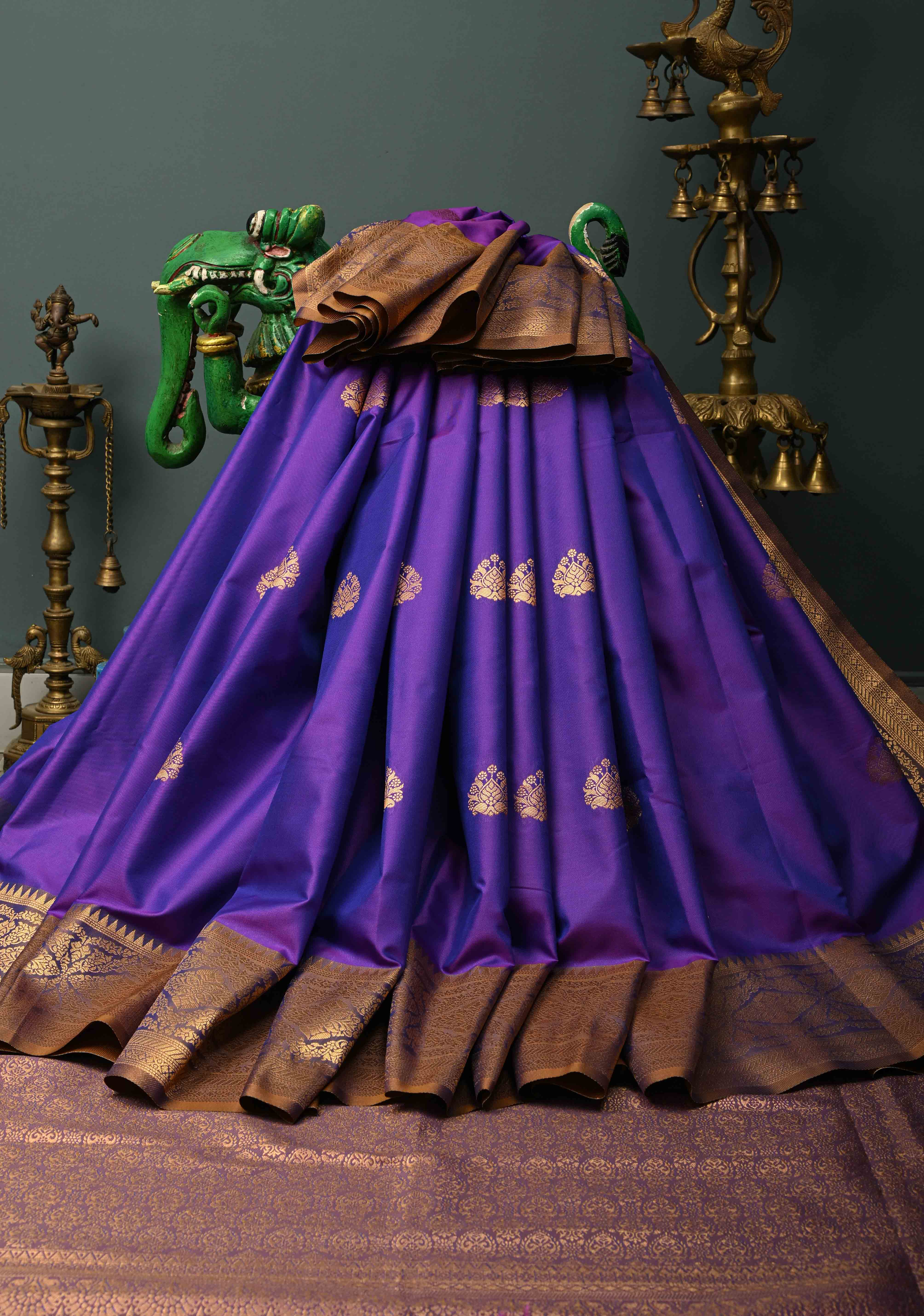 Purple Dual tone Kanchi Semi Silk Saree with Zari Buttas and Contrast Zari Border | Shobitam