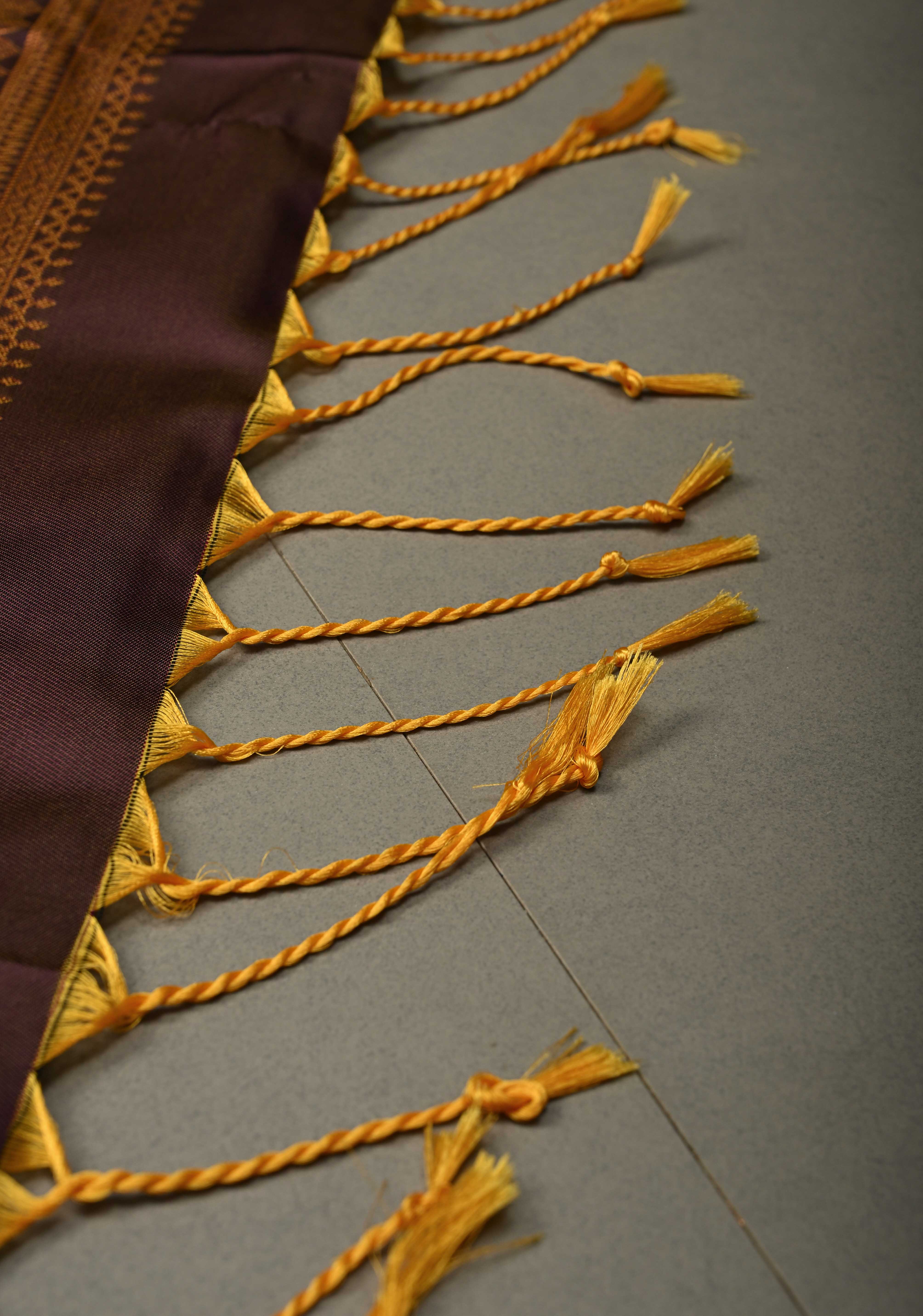 Camel Brown Dual tone Kanchi Semi Silk Saree with Meenakari Mandala Buttas and Contrast Antique Zari Border | Shobitam