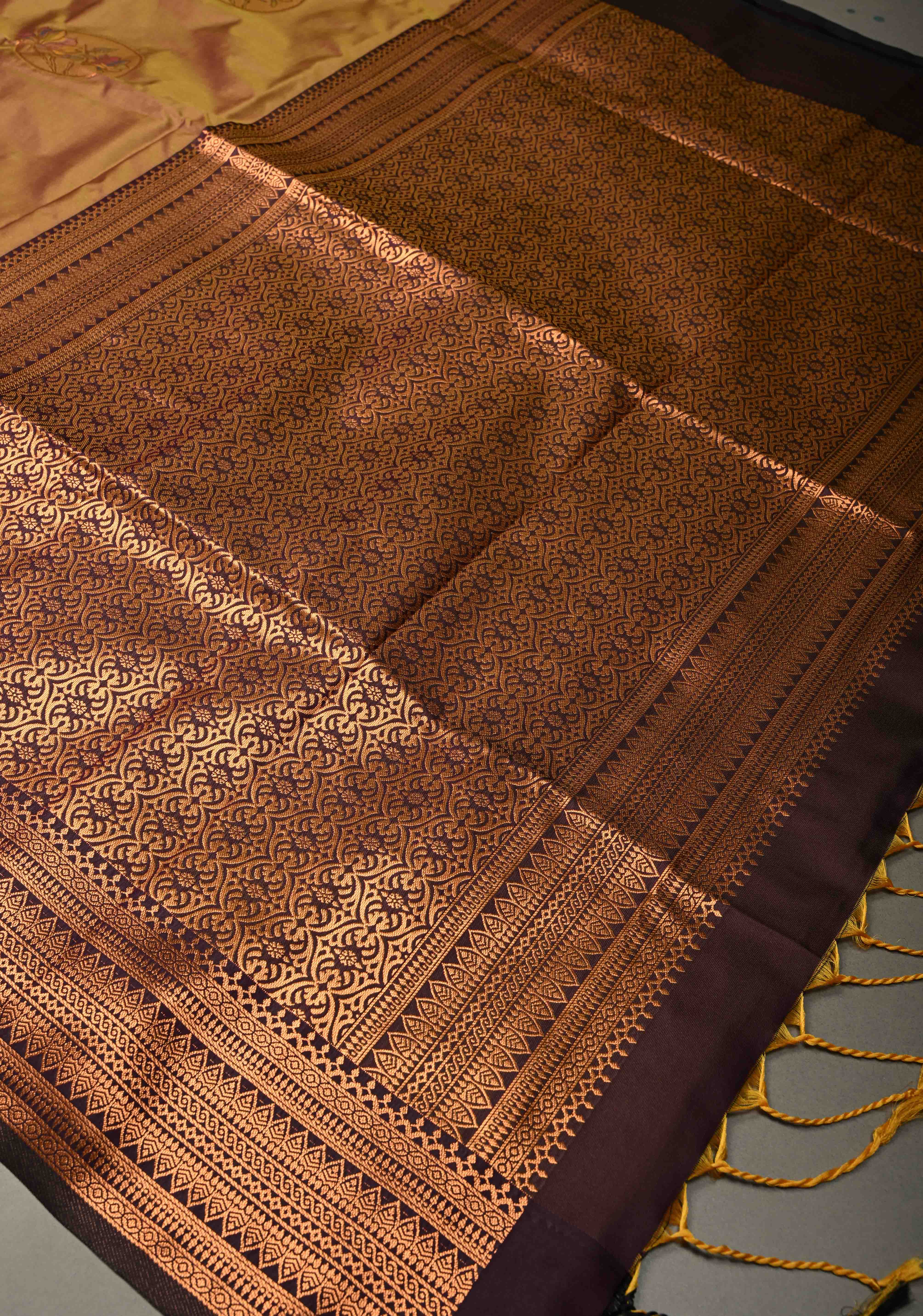 Camel Brown Dual tone Kanchi Semi Silk Saree with Meenakari Mandala Buttas and Contrast Antique Zari Border | Shobitam