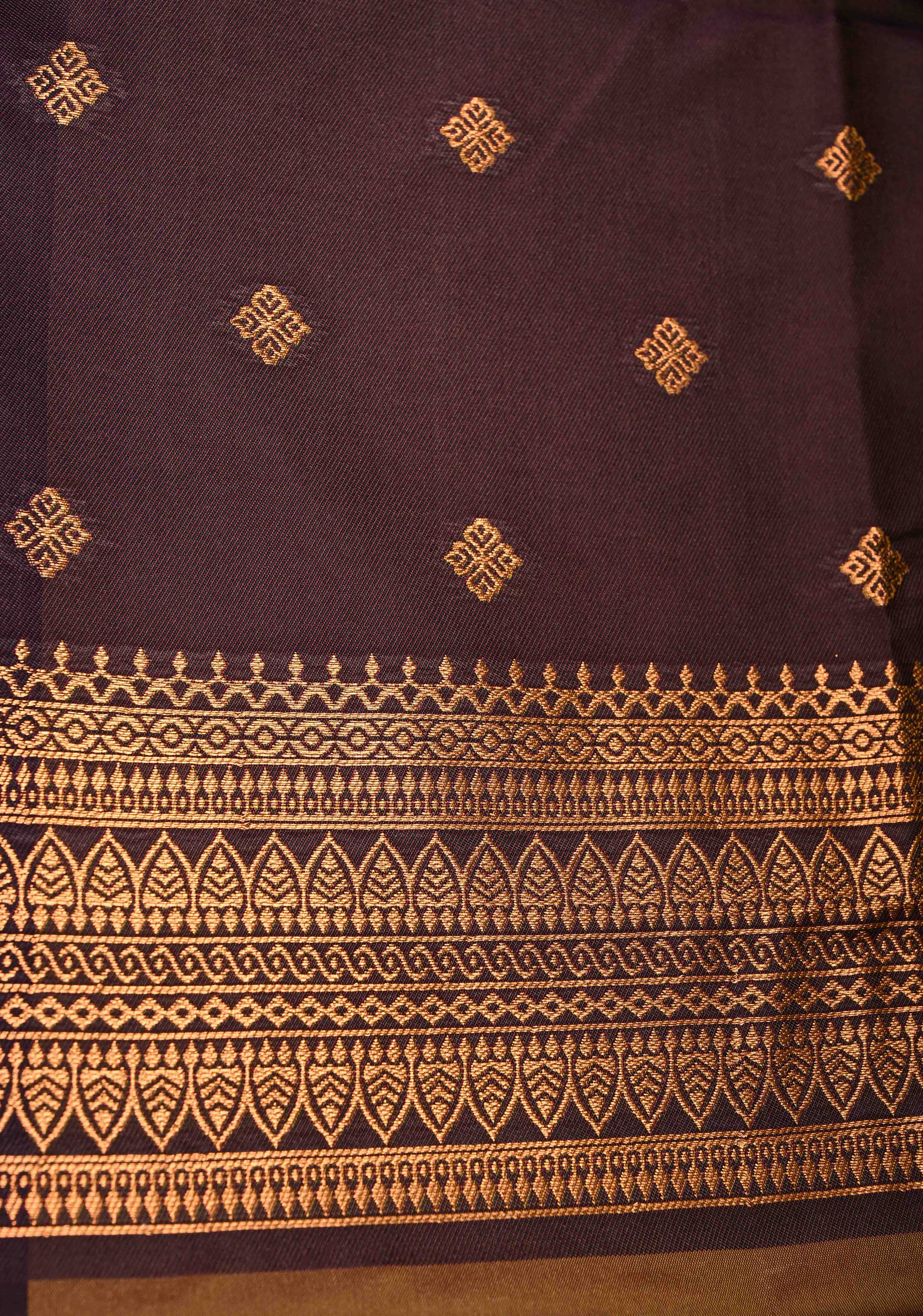 Camel Brown Dual tone Kanchi Semi Silk Saree with Meenakari Mandala Buttas and Contrast Antique Zari Border | Shobitam