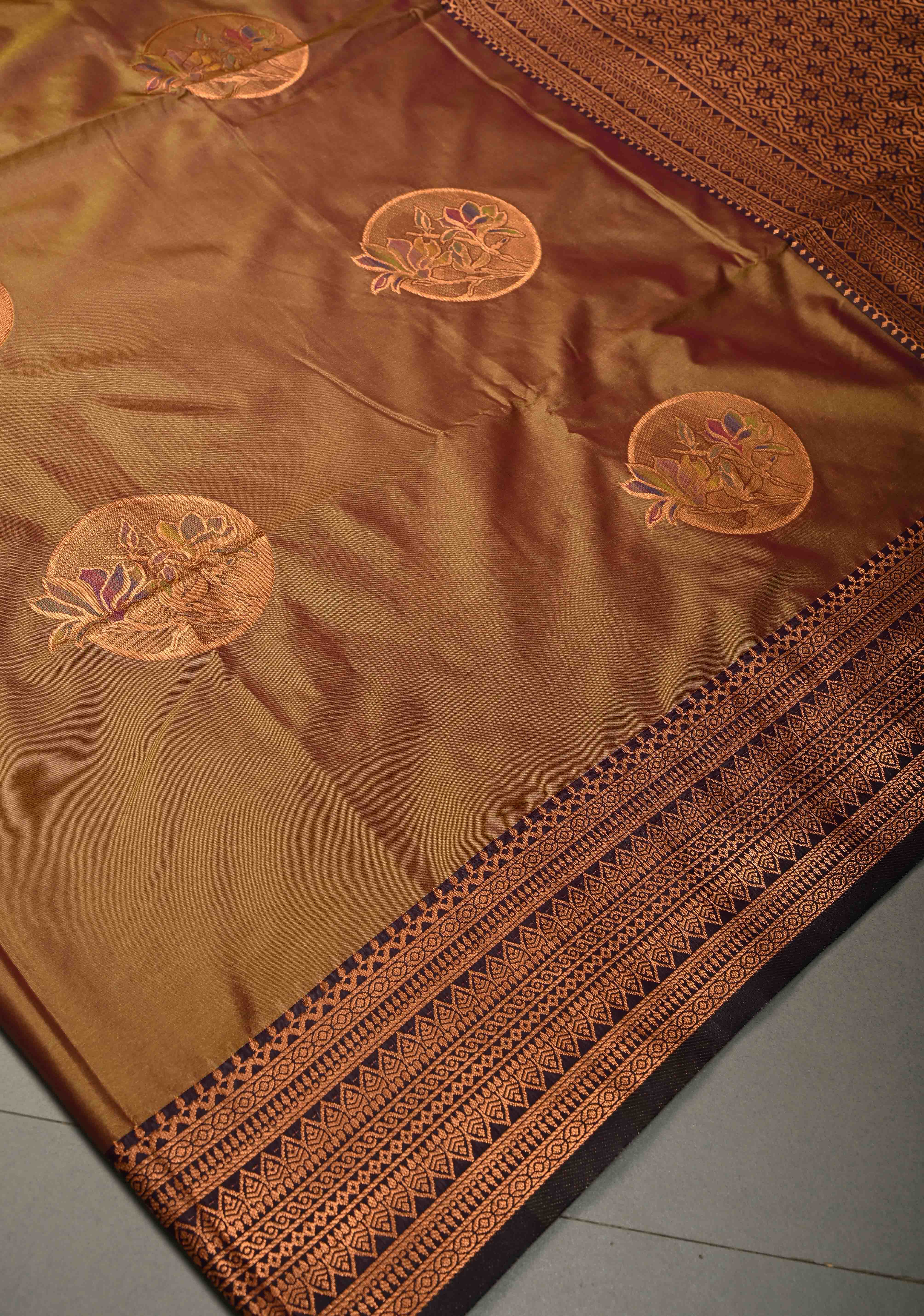 Camel Brown Dual tone Kanchi Semi Silk Saree with Meenakari Mandala Buttas and Contrast Antique Zari Border | Shobitam