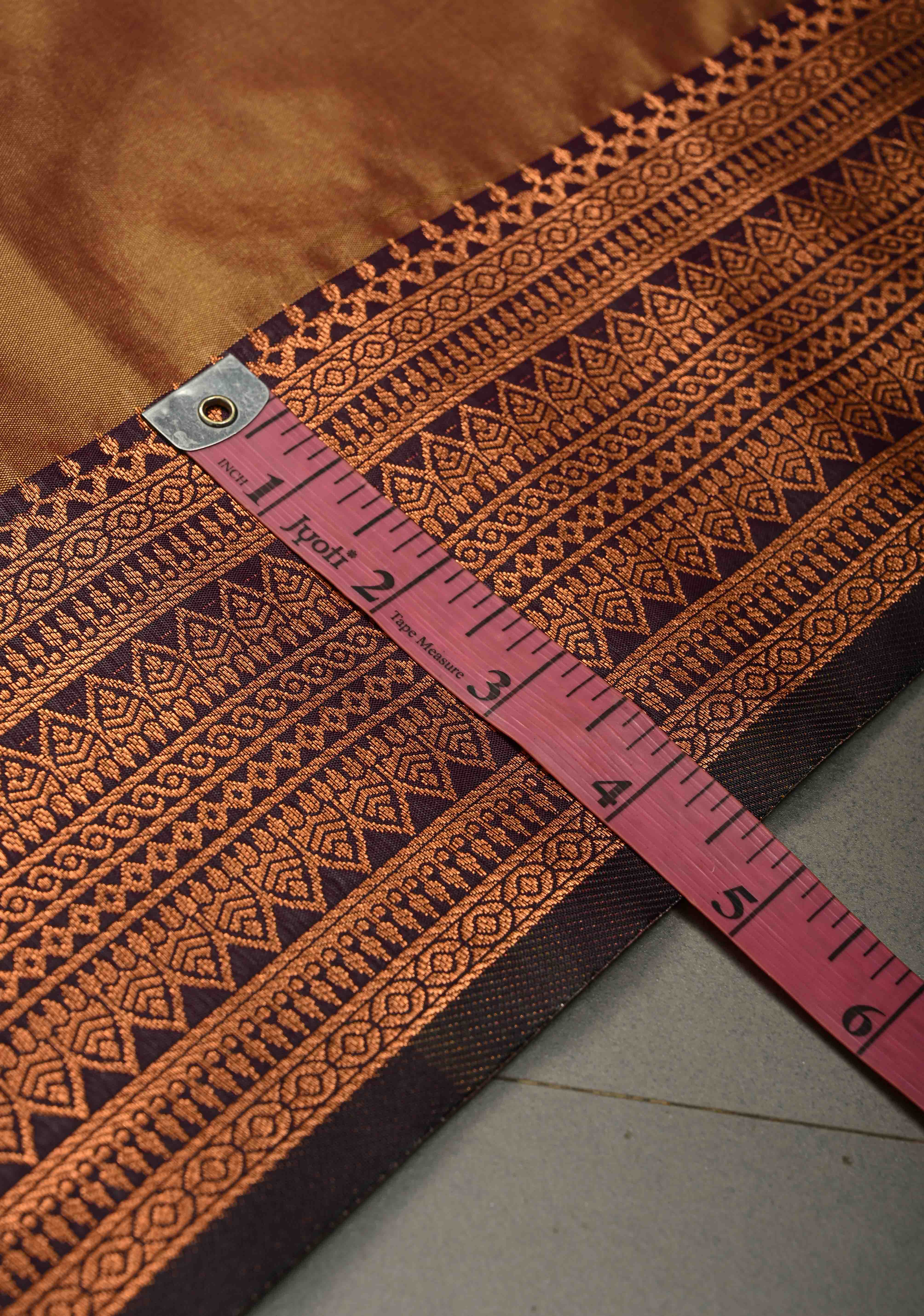 Camel Brown Dual tone Kanchi Semi Silk Saree with Meenakari Mandala Buttas and Contrast Antique Zari Border | Shobitam