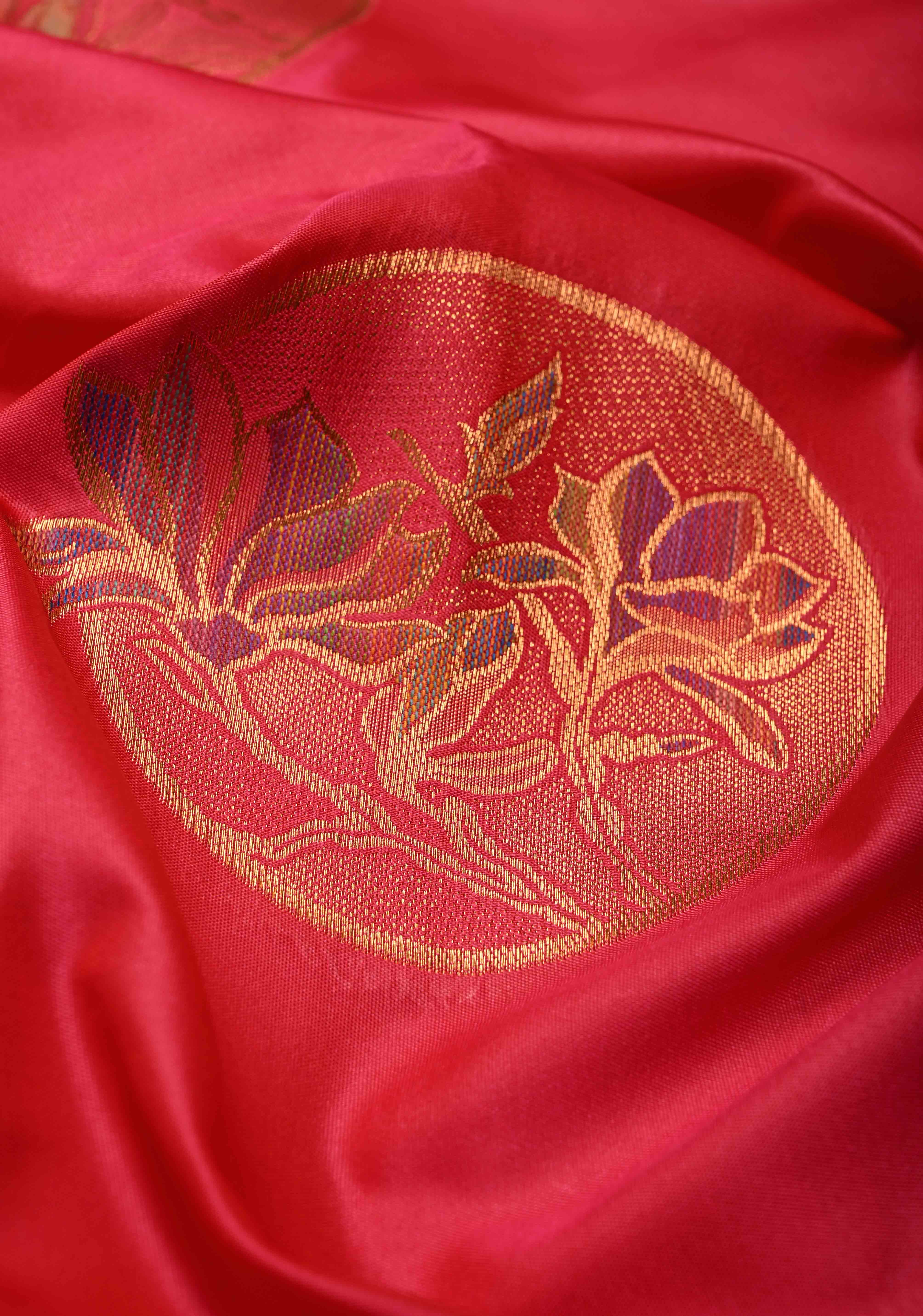 Amaranth Kanchi Semi Silk Saree with Meenakari Mandala Buttas and Contrast Zari Border | Shobitam