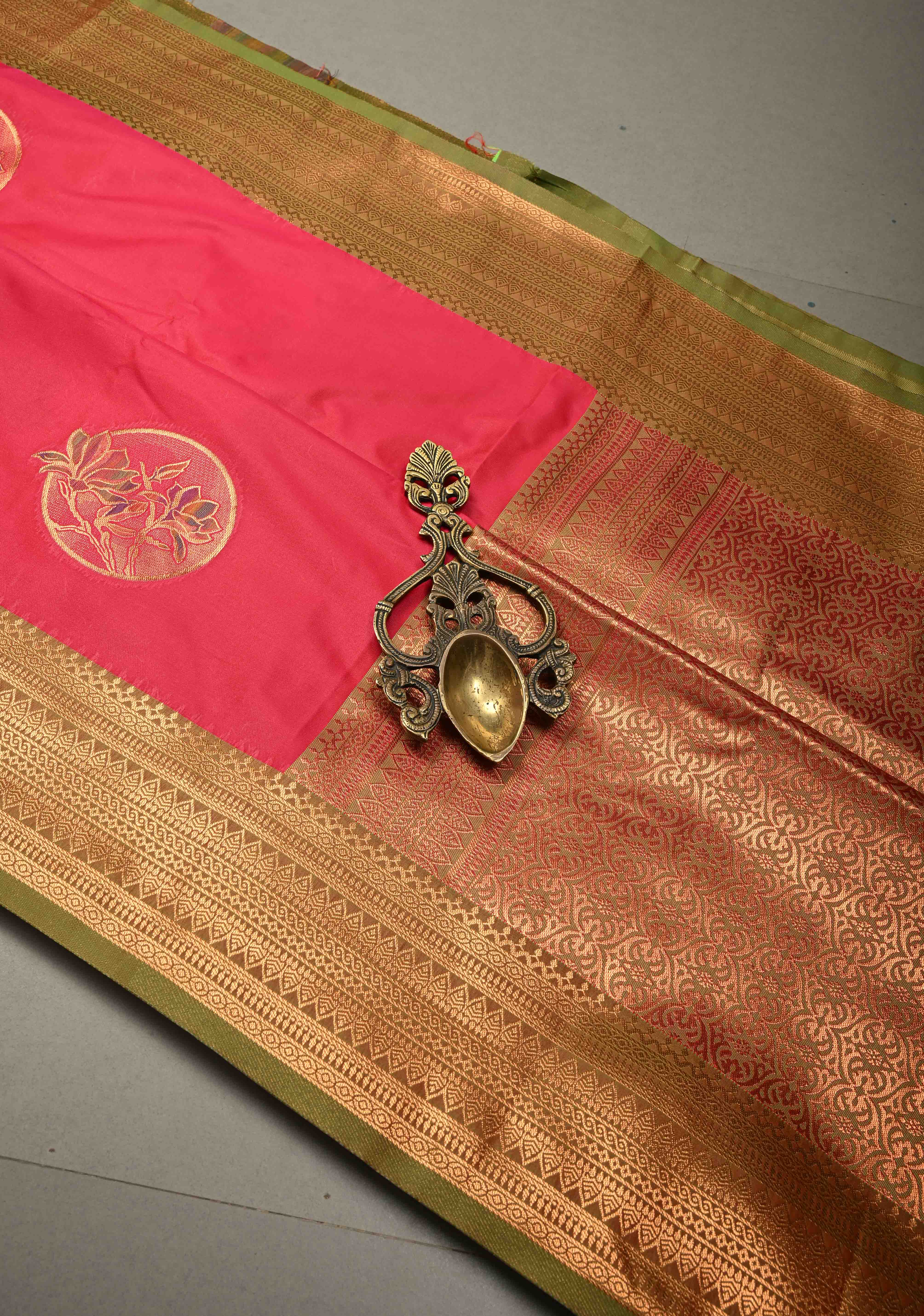 Amaranth Kanchi Semi Silk Saree with Meenakari Mandala Buttas and Contrast Zari Border | Shobitam