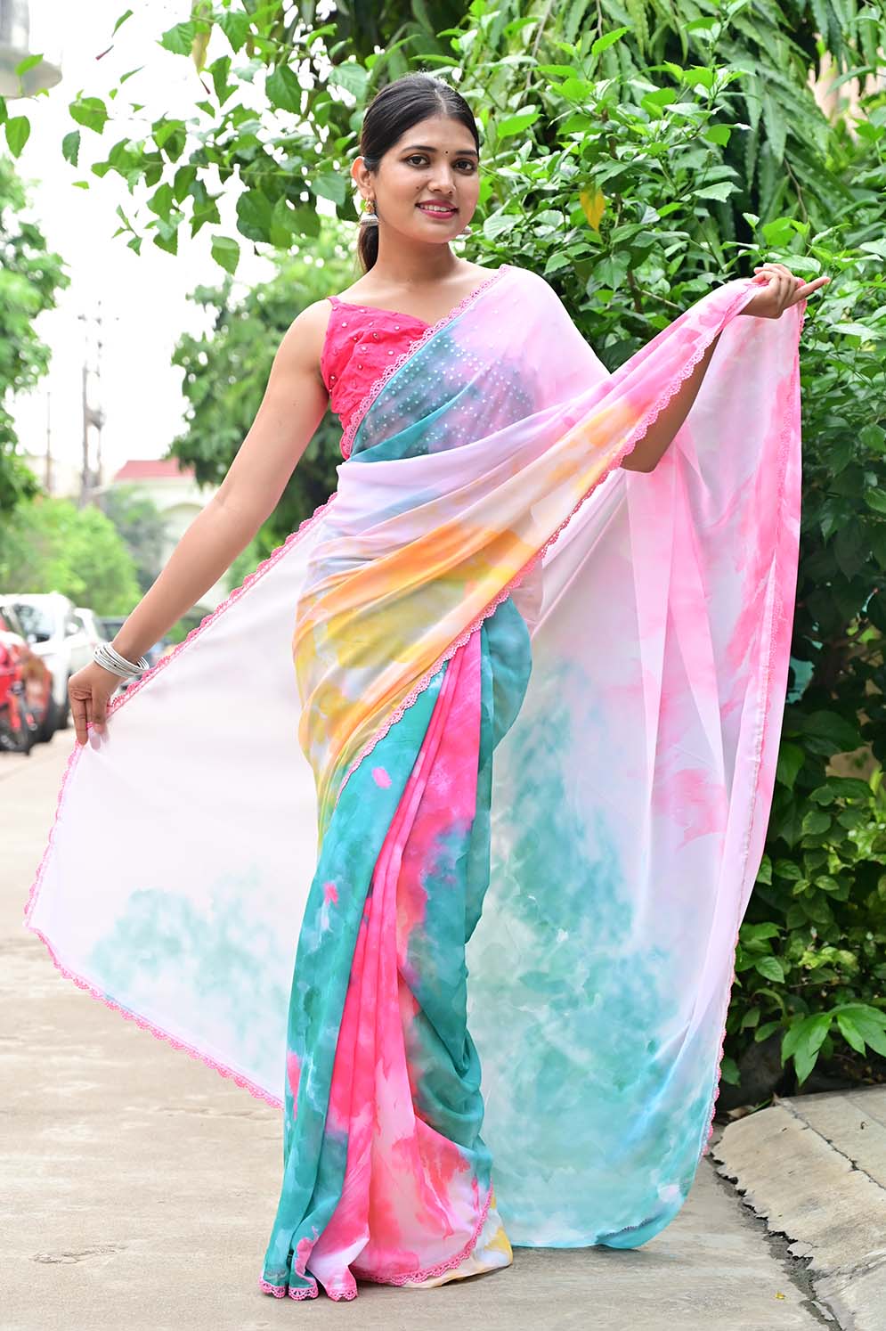 Ready To Wear Alia Bhatt Inspired Rocky Rani Multi Color With Lace Wrap in 1 minute saree - Isadora Life