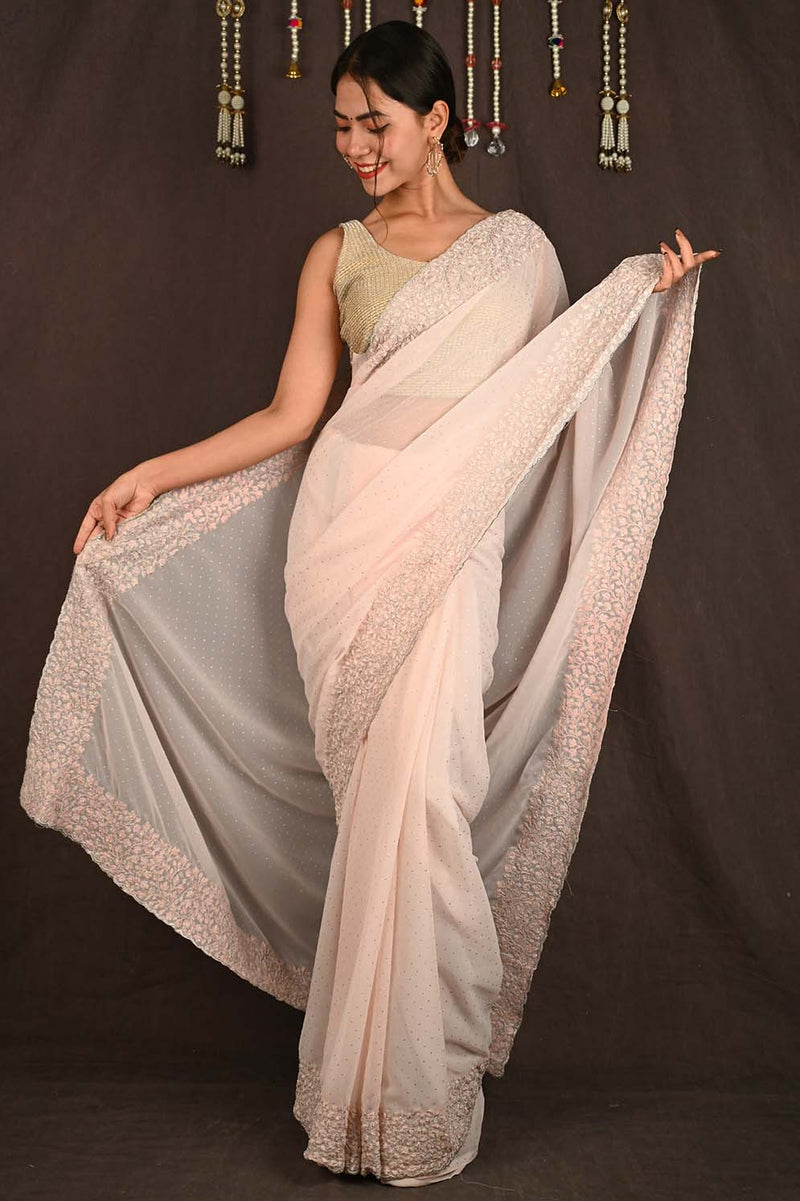 Ready To Wear Chikankari  Border With Silver Zari Interwoven Sequence & Stone Over All Wrap In One Minute Saree - Isadora Life