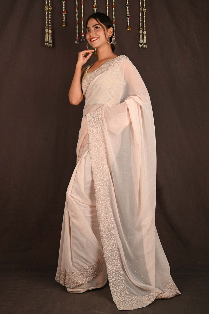 Ready To Wear Chikankari  Border With Silver Zari Interwoven Sequence & Stone Over All Wrap In One Minute Saree - Isadora Life