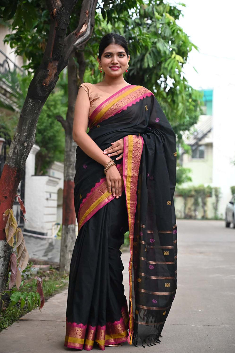 Ready To Wear South cotton With Hand Butti With Zari Border Wrap in 1 minute saree - Isadora Life