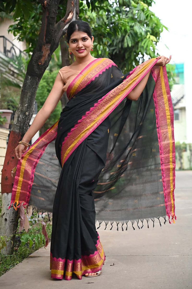 Ready To Wear South cotton With Hand Butti With Zari Border Wrap in 1 minute saree - Isadora Life