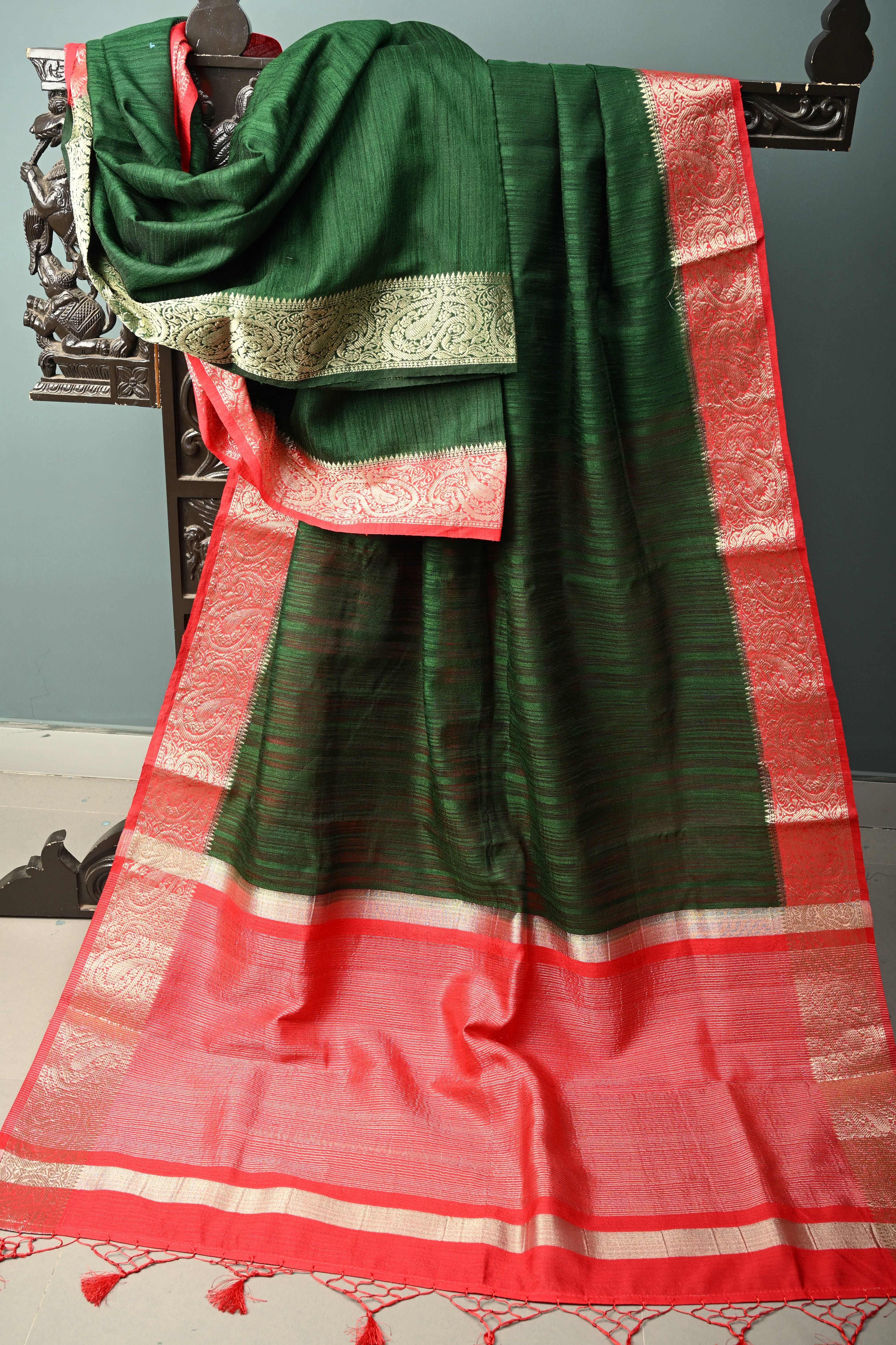 Bottle Green Semi Tussar Saree with Contrast Zari Border | Shobitam