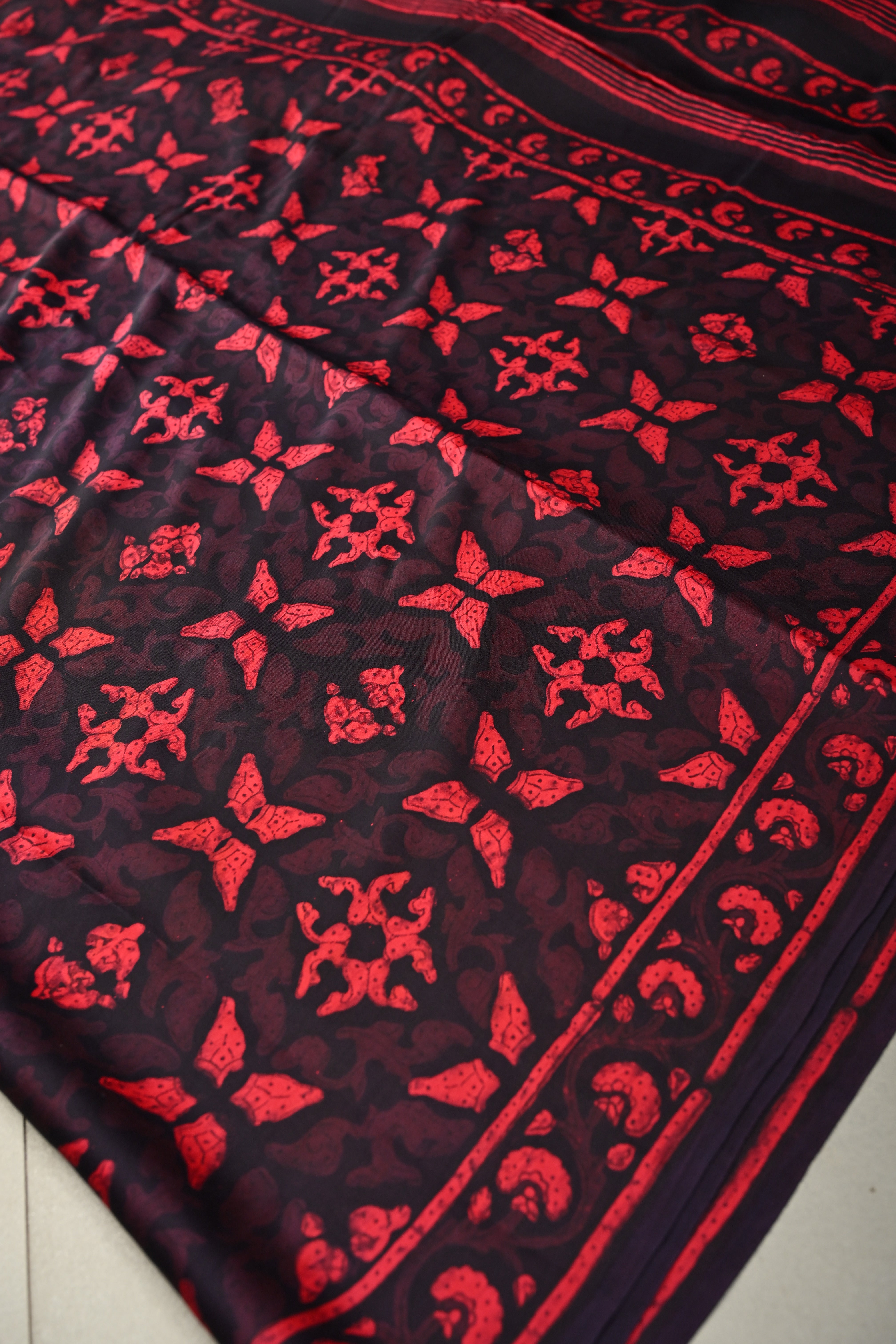 Black and Red Shaded Modal Silk Saree with Hand Block Print | Shobitam