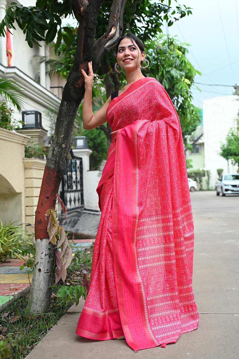 Ready to wear Dola Silk Over All Bastar Art  Printed With sequence Border Wrap in 1 minute Saree - Isadora Life