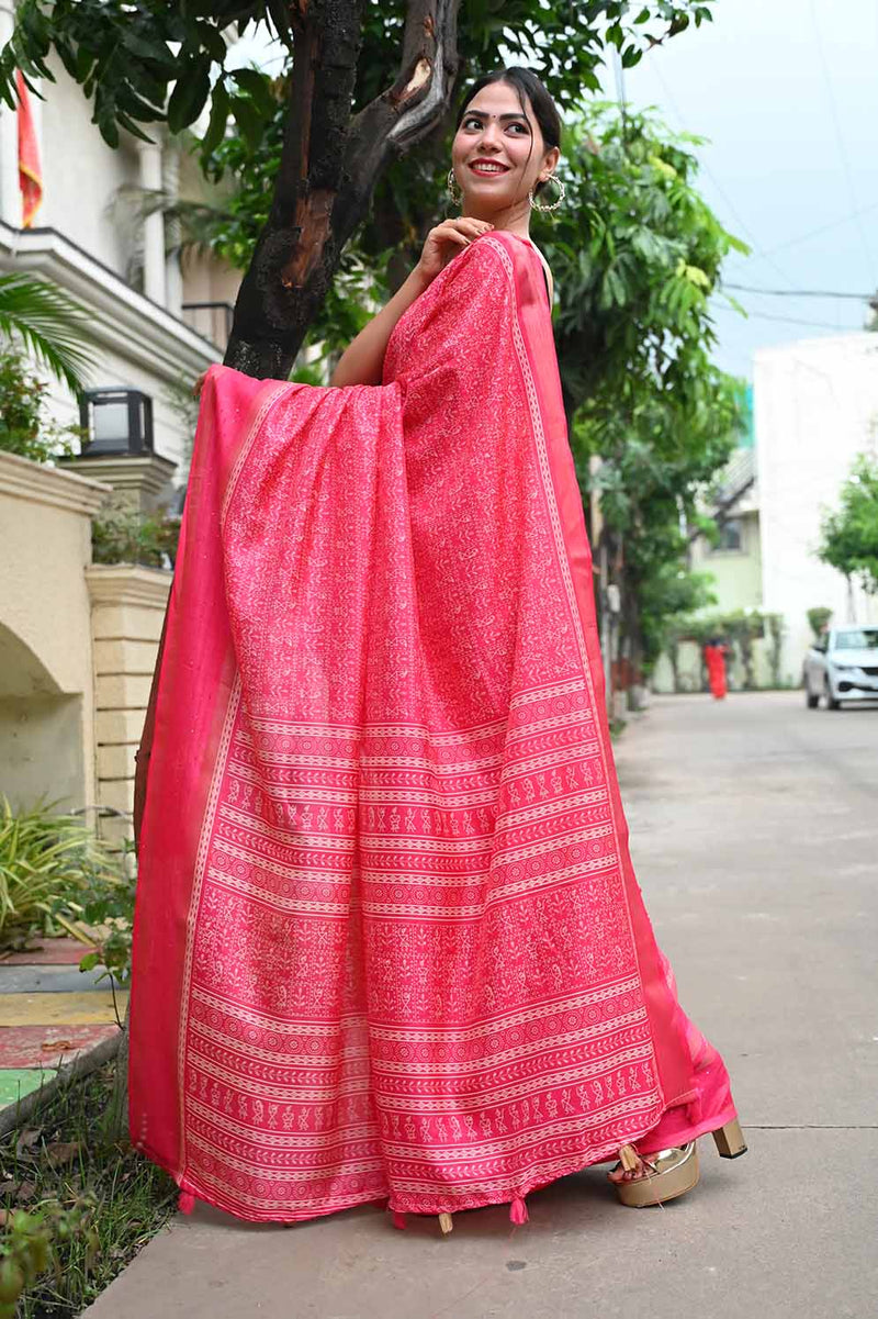 Ready to wear Dola Silk Over All Bastar Art  Printed With sequence Border Wrap in 1 minute Saree - Isadora Life