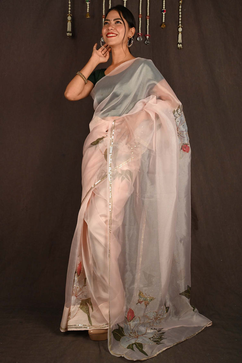 Peach and  Organza Digital Floral Printed & Sequin Embroidered Wrap in 1 minute saree - Isadora Life