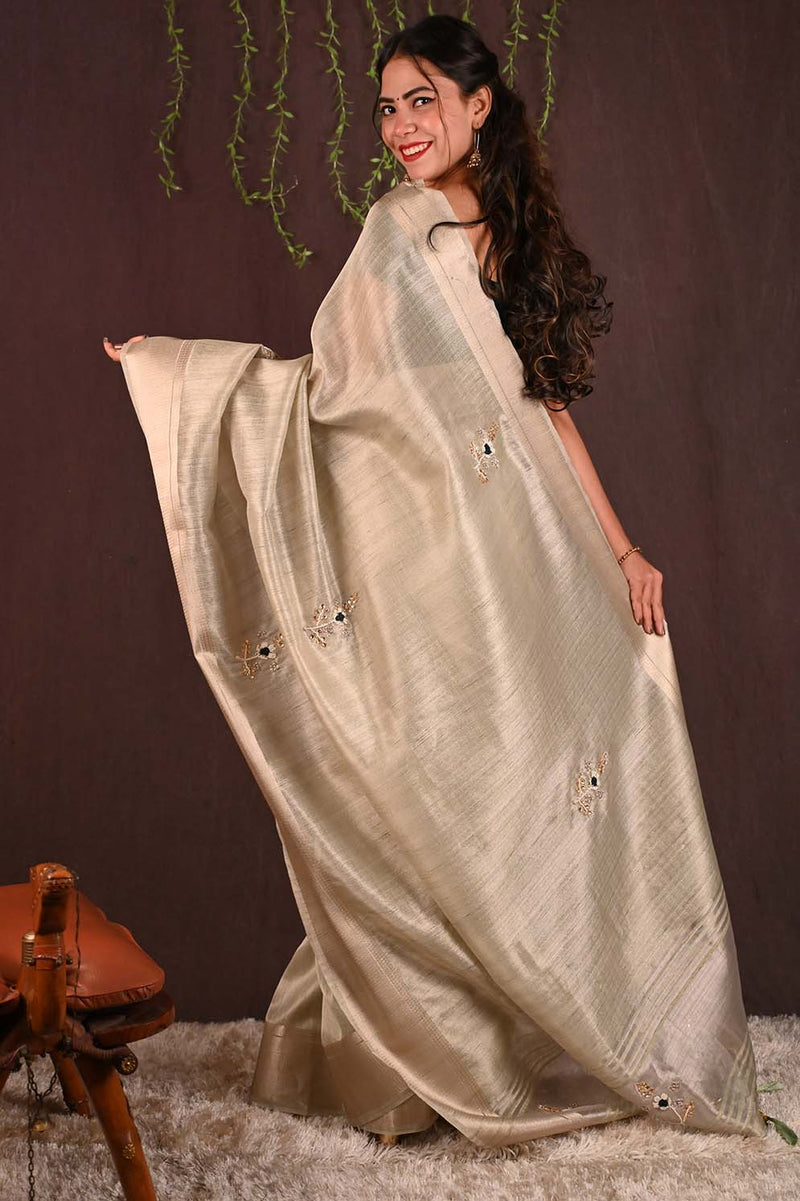 Ready To Wear Premium Tissue silk with zardosi embroidered and tassles  Wrap in 1 minute saree - Isadora Life