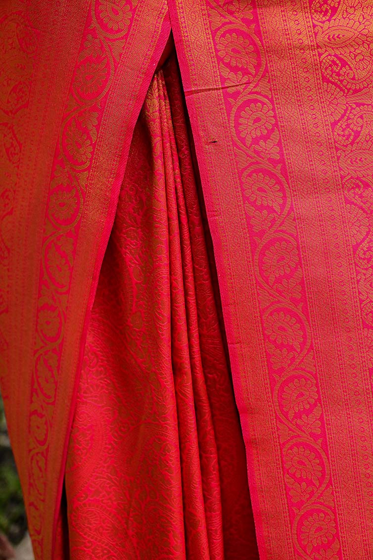 Ready To Wear Festive Rich Kanchipuram Red Dhoop Chaanv Wrap in 1 minute saree - Isadora Life