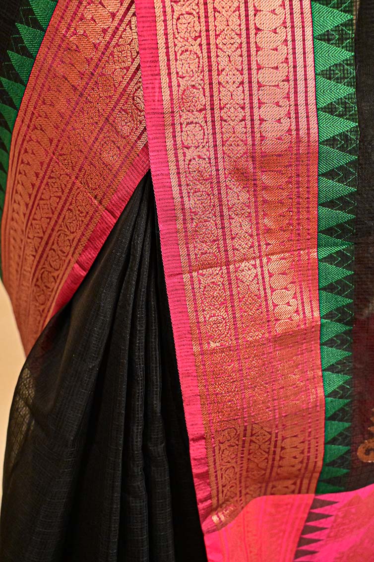 Ready To Wear Elegant Premium Black Kota Silk With Temple Border  Wrap in 1 minute saree - Isadora Life
