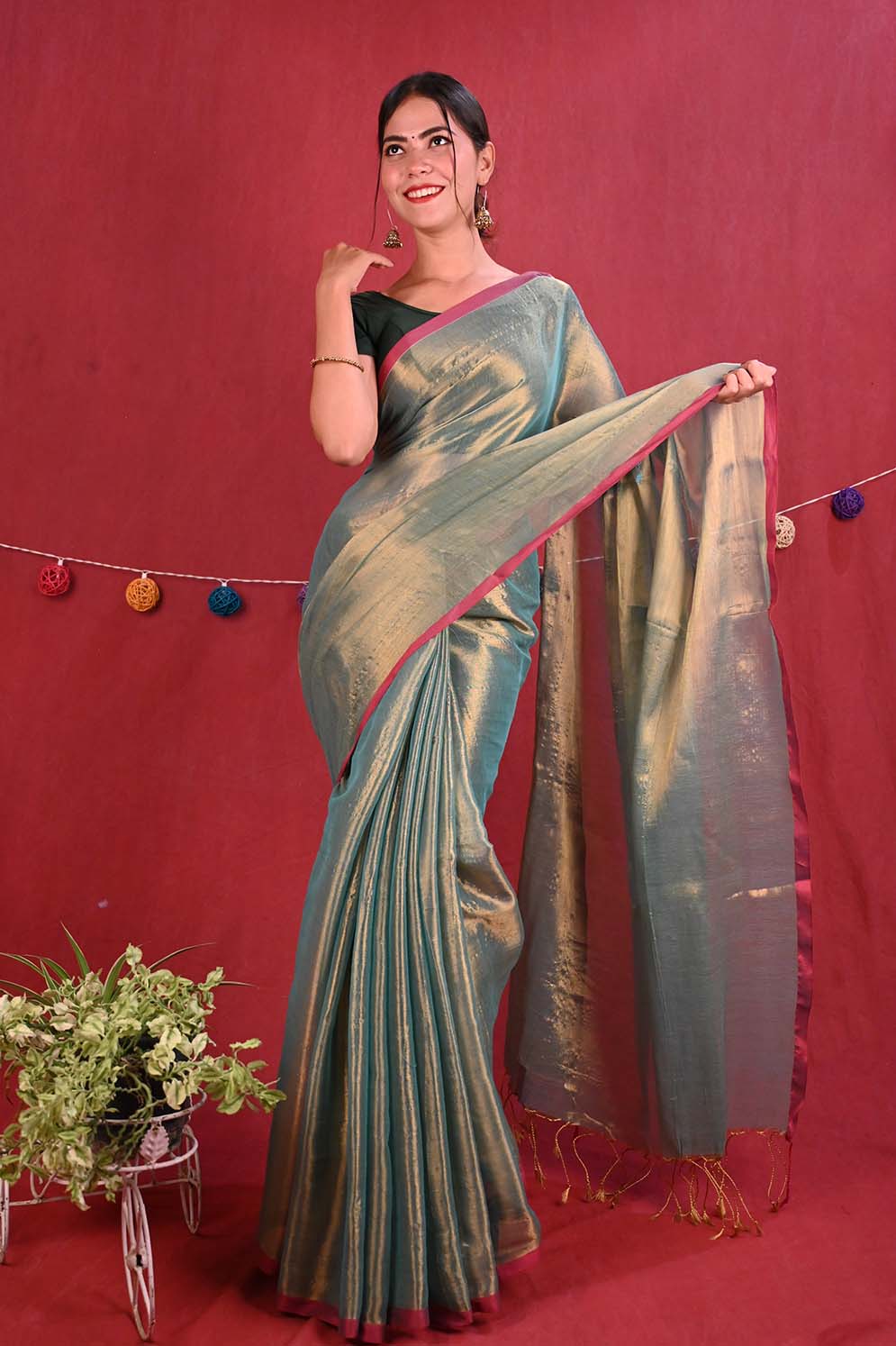 Ready To Wear Premium Organza Tissue With Tassel On Pallu  Wrap in 1 minute saree - Isadora Life