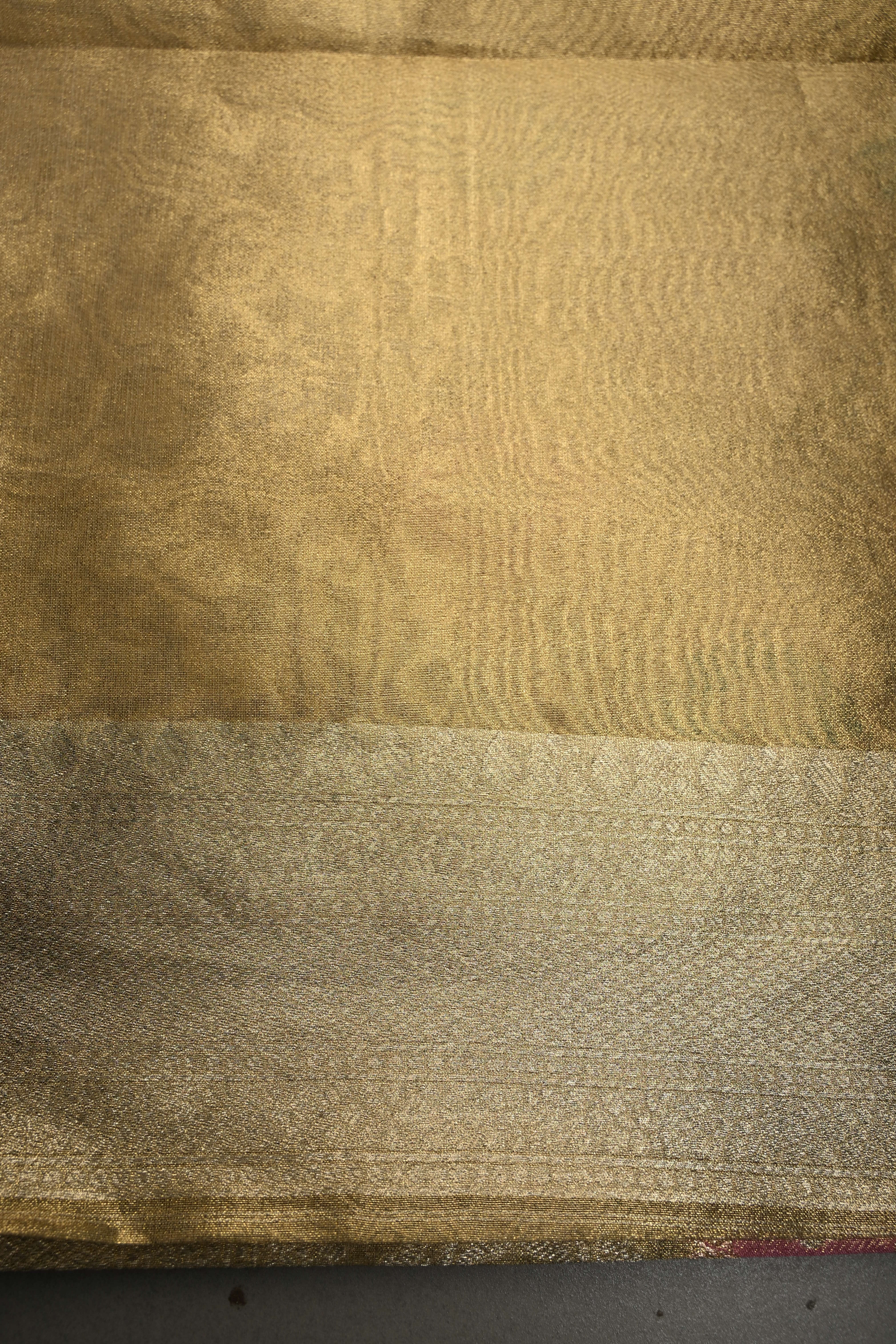 Light Mute Gold Rangkaat Design on Tissue Banarasi Vegan Saree with All Over Jaal Design and Zari Border | Shobitam