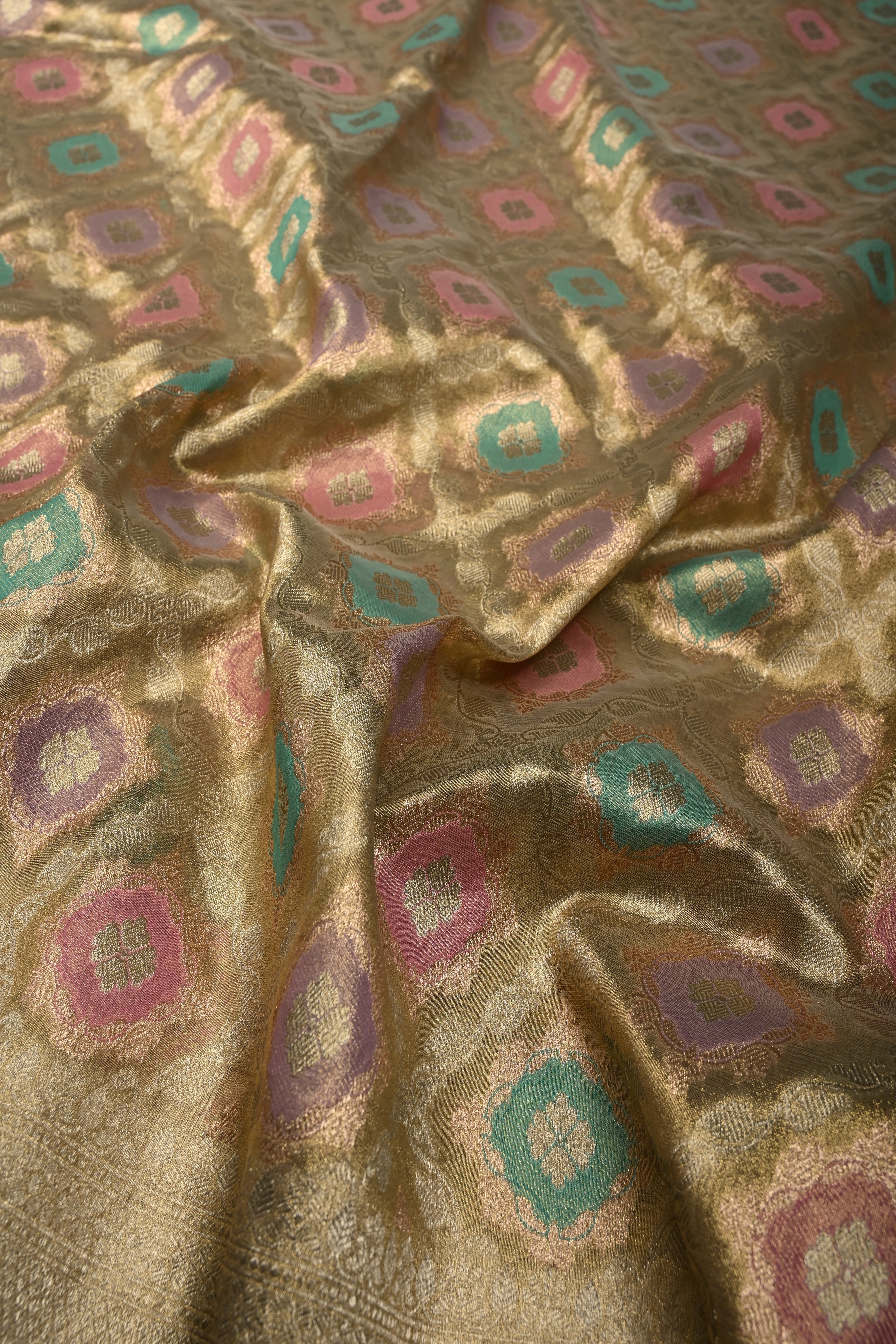 Light Mute Gold Rangkaat Design on Tissue Banarasi Vegan Saree with All Over Jaal Design and Zari Border | Shobitam