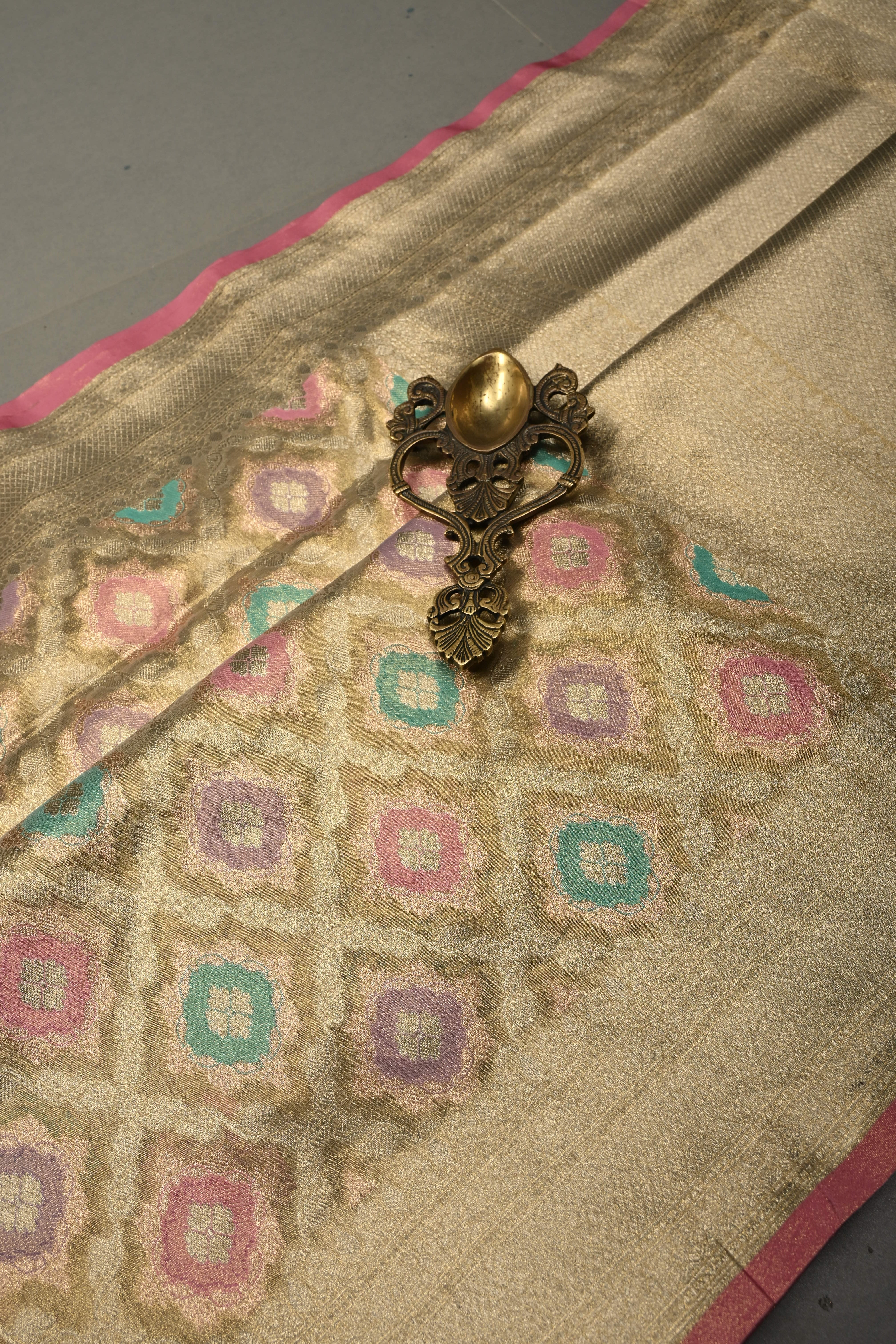 Light Mute Gold Rangkaat Design on Tissue Banarasi Vegan Saree with All Over Jaal Design and Zari Border | Shobitam